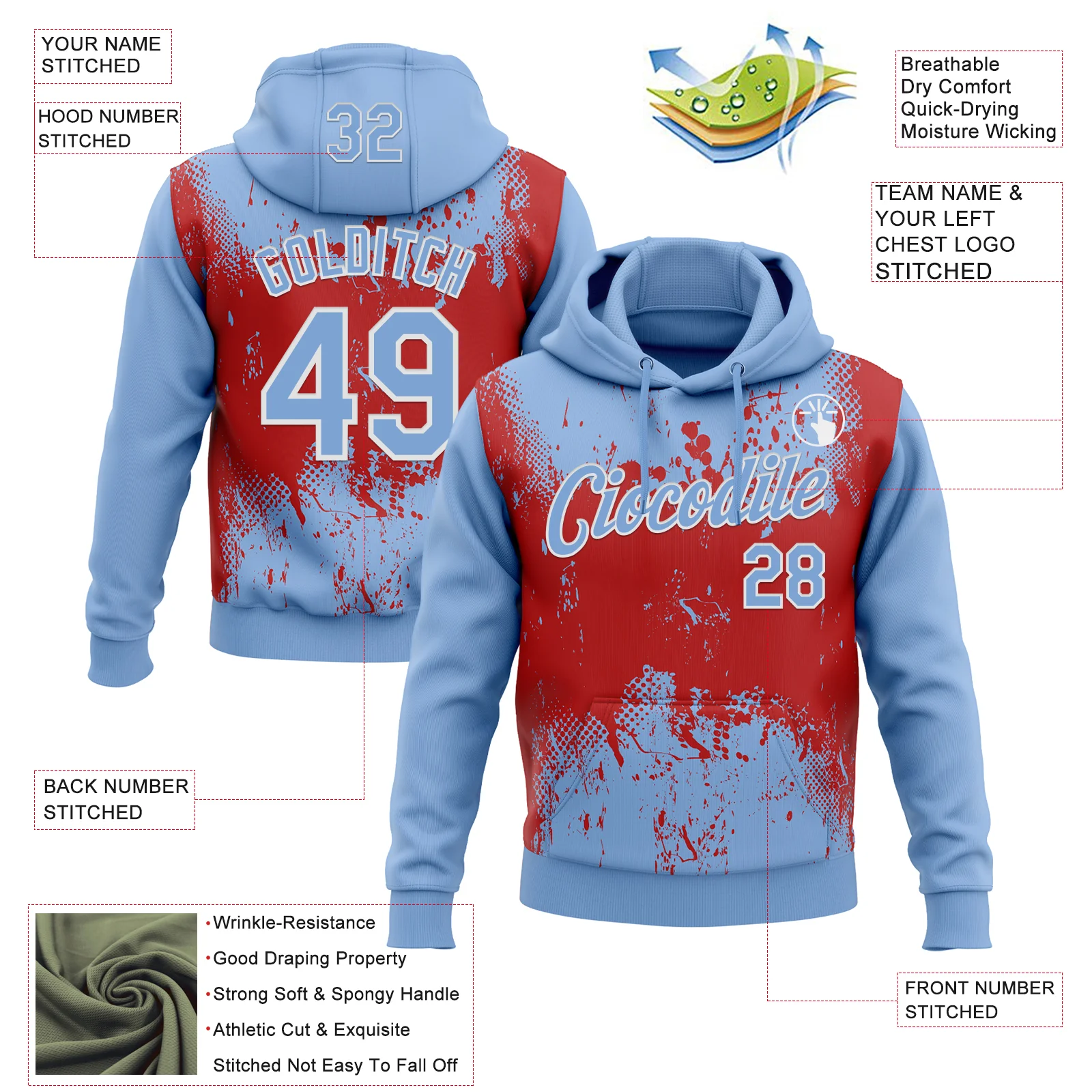 Custom Stitched Light Blue Red-White 3D Pattern Design Abstract Splatter Grunge Art Sports Pullover Sweatshirt Hoodie