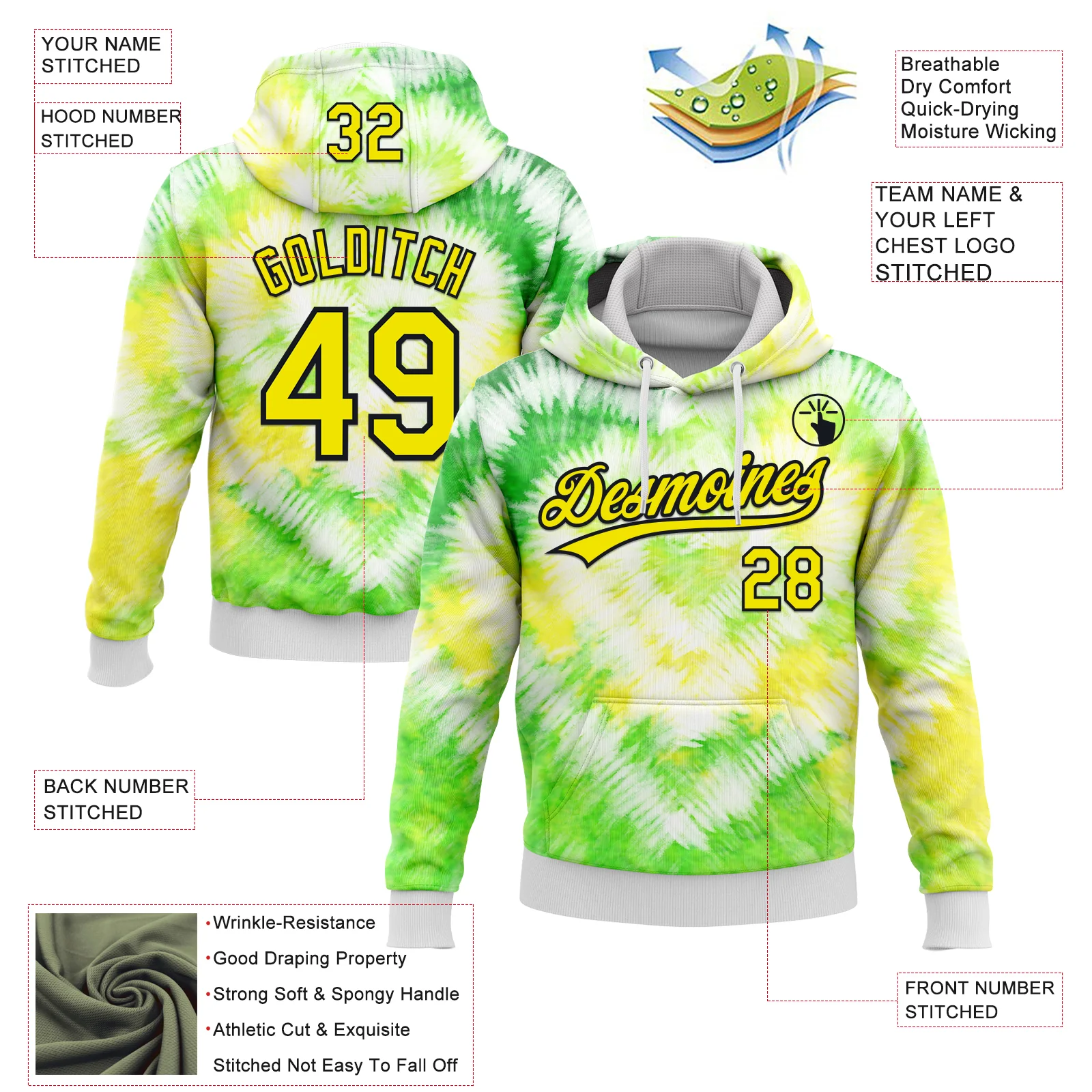 Custom Stitched Tie Dye Light Yellow-Black 3D Sports Pullover Sweatshirt Hoodie