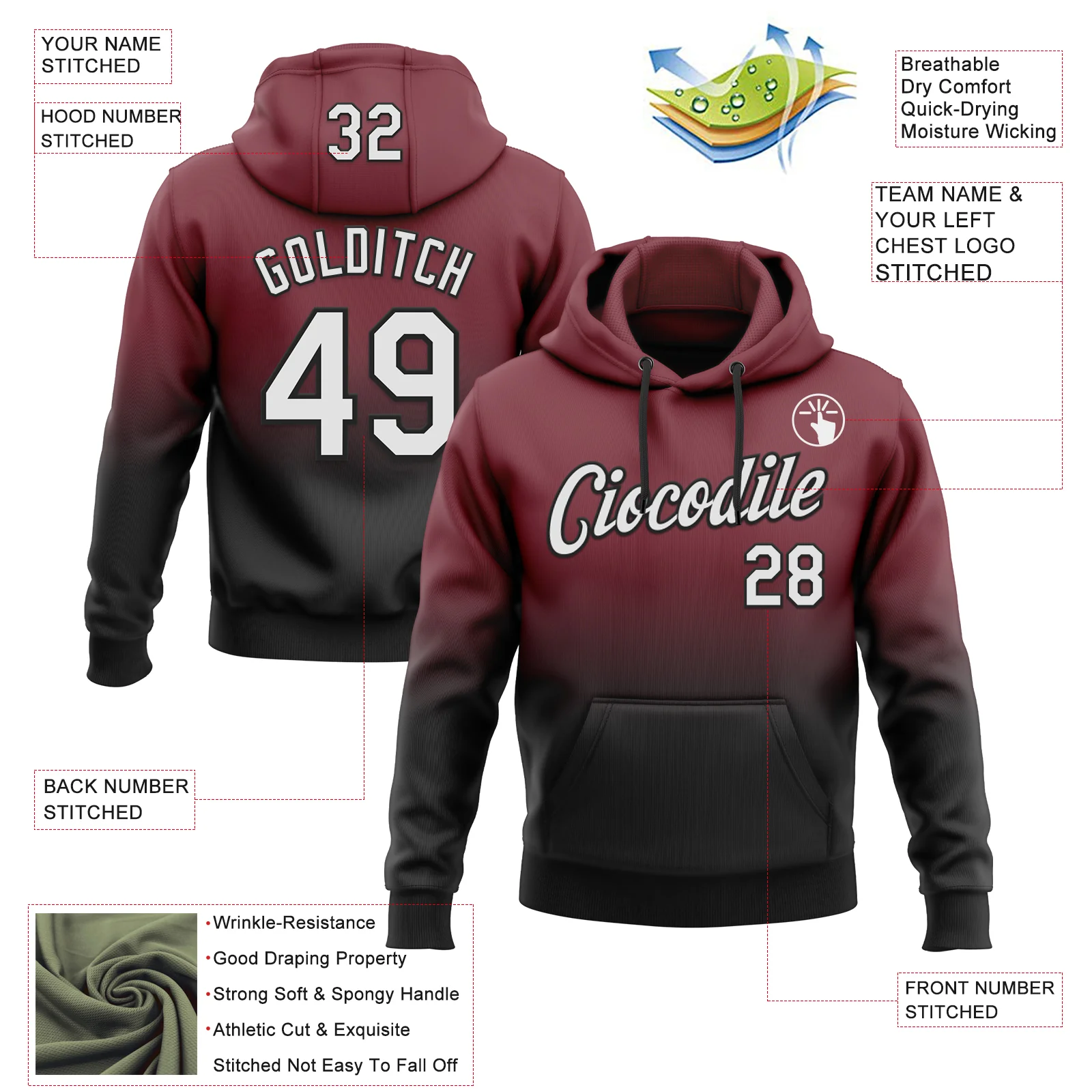 Custom Stitched Burgundy White-Black Fade Fashion Sports Pullover Sweatshirt Hoodie