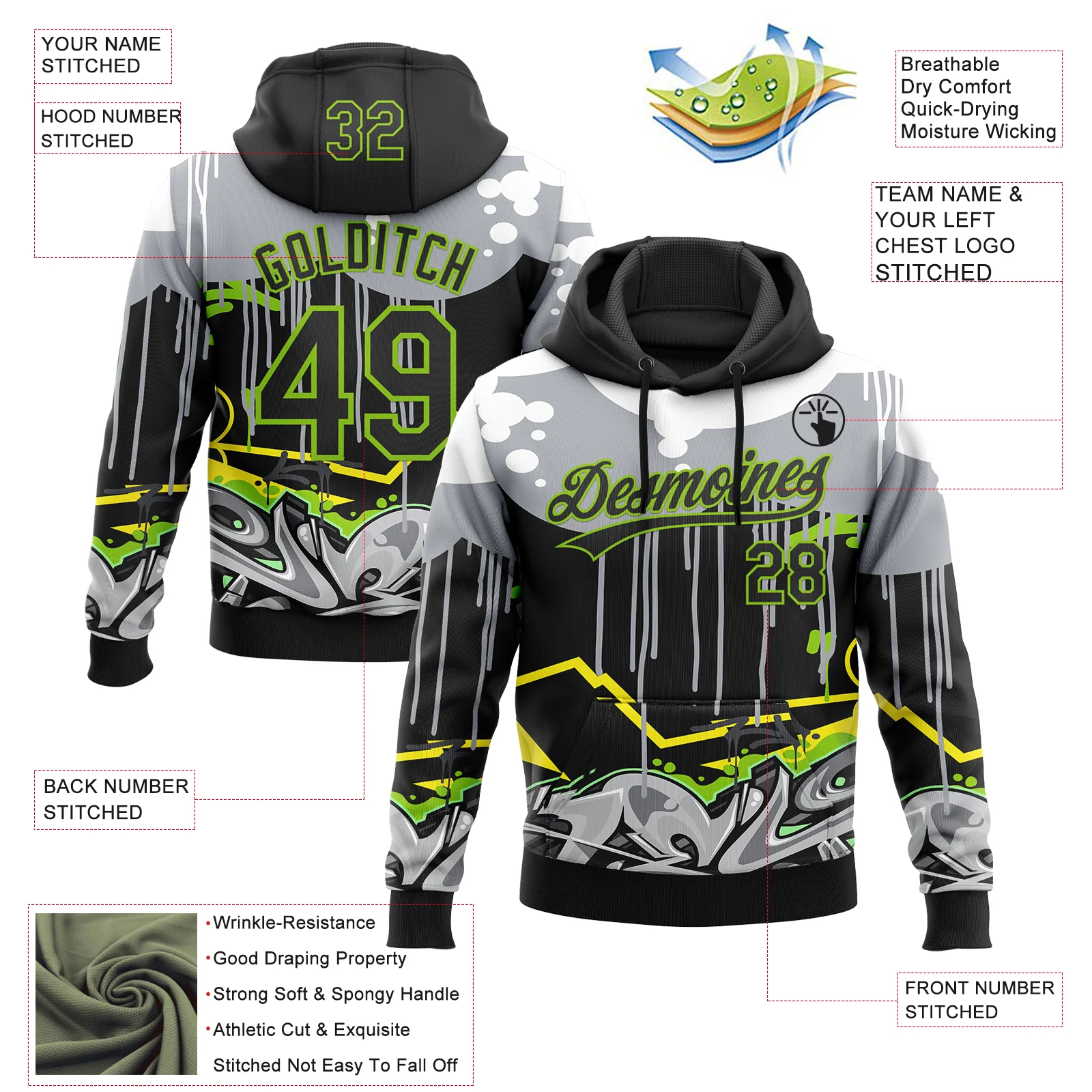 Custom Stitched Black Gray Neon Green Yellow-White 3D Graffiti Splash Street Art Sports Pullover Sweatshirt Hoodie