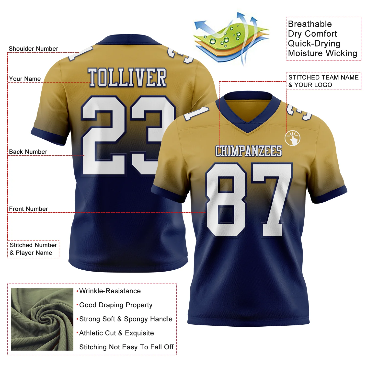 Custom Old Gold White-Navy Authentic Fade Fashion Football Jersey