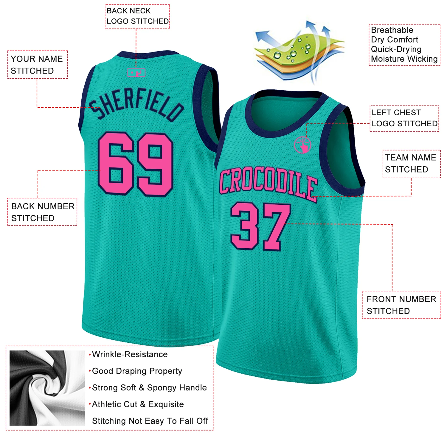 Custom Aqua Pink-Navy Authentic Basketball Jersey