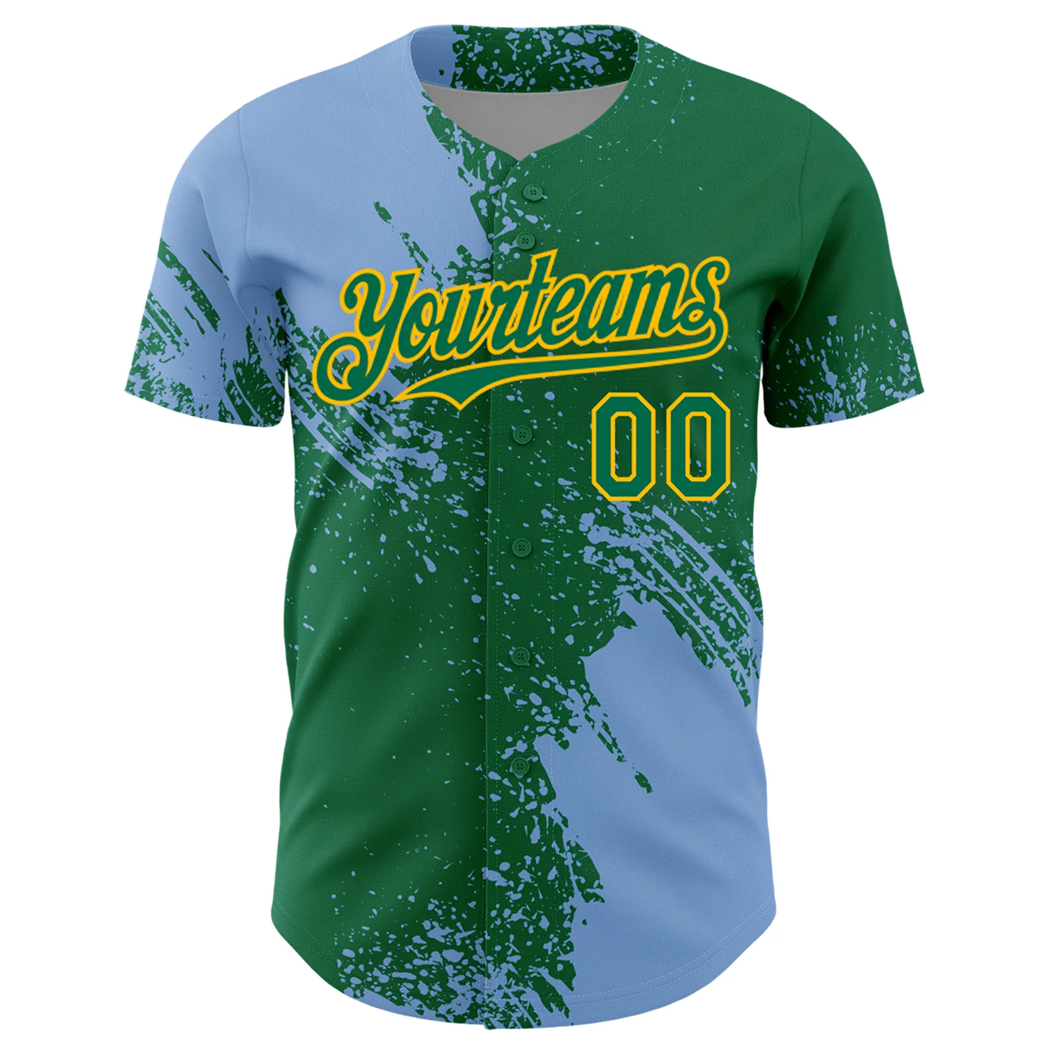 Custom Light Blue Kelly Green-Gold 3D Pattern Design Abstract Brush Stroke Authentic Baseball Jersey