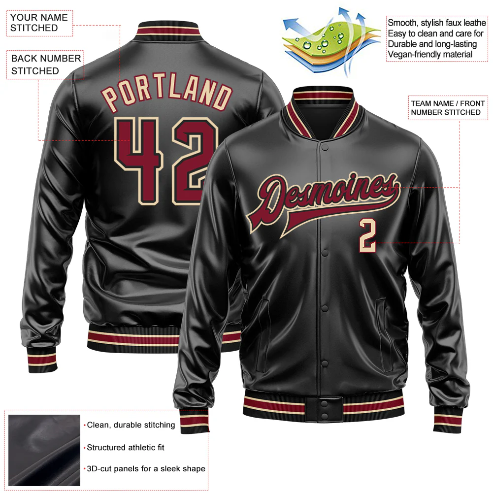 Custom Black Crimson-City Cream Bomber Full-Snap Varsity Faux Leather Letterman Jacket
