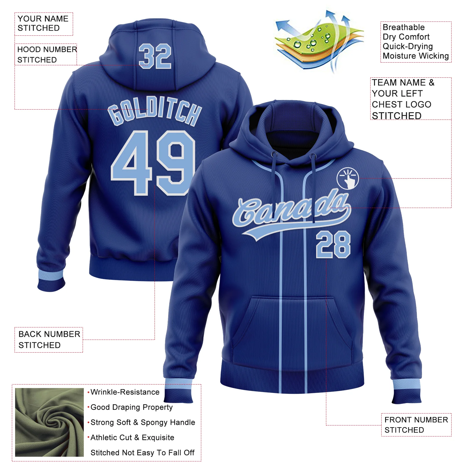 Custom Stitched Royal Light Blue-White Baseball Pullover Sweatshirt Hoodie