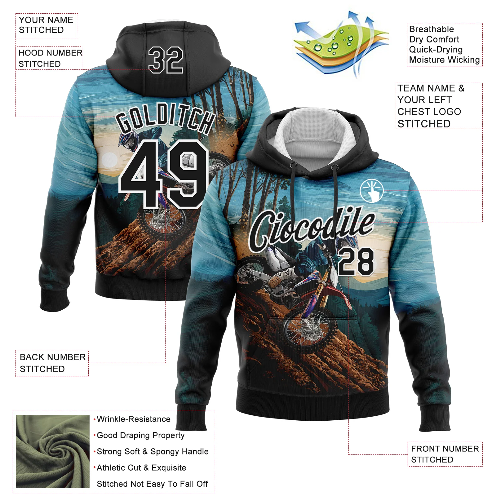 Custom Stitched Blue Black-White 3D Pattern Design Motorcycle Motocross Racing Sports Pullover Sweatshirt Hoodie