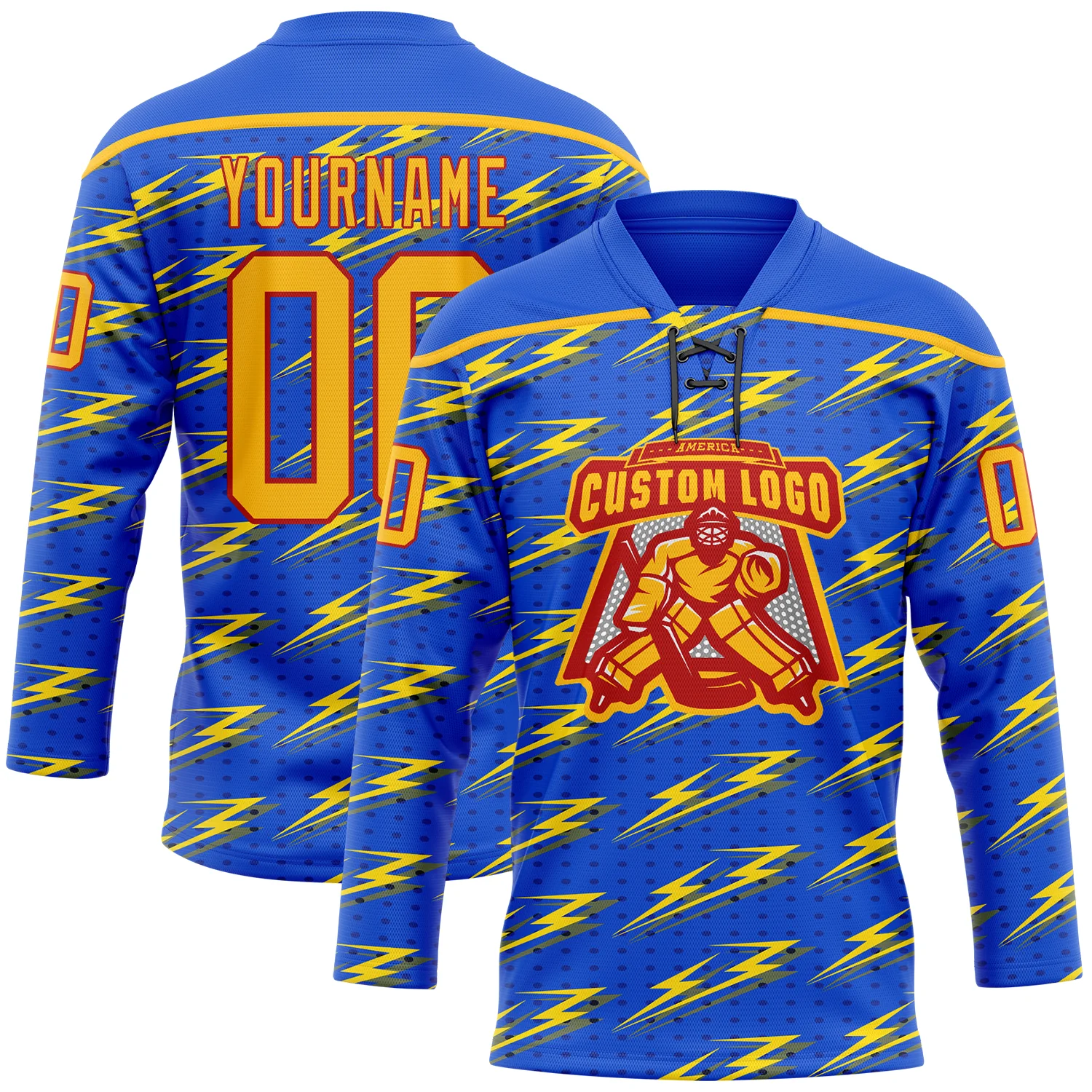 Custom Thunder Blue Gold-Red 3D Pattern Lightning Hockey Lace Neck Jersey