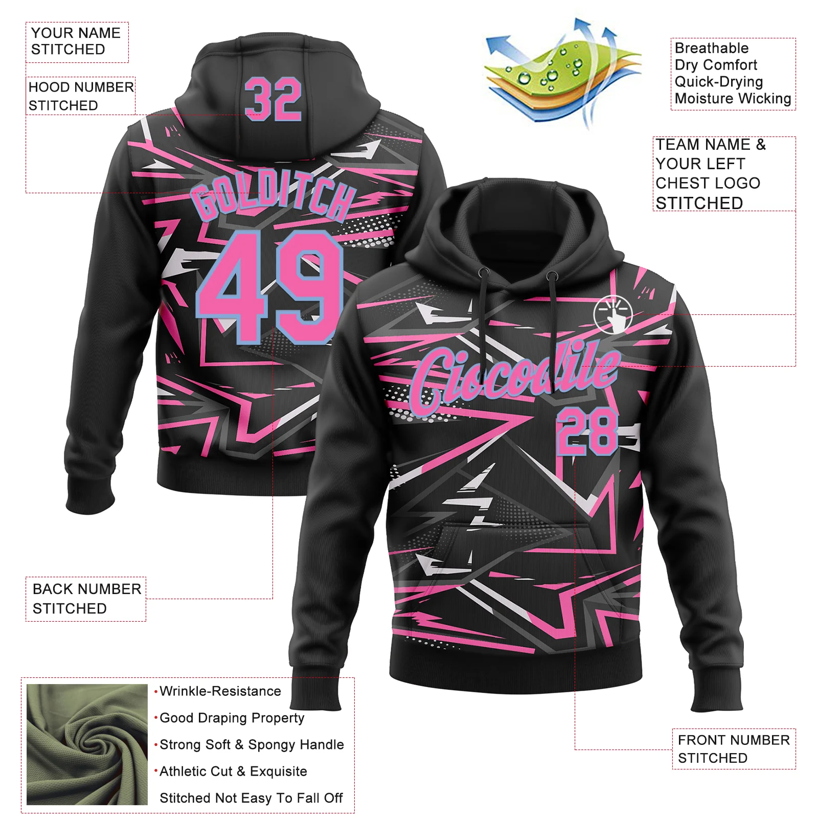 Custom Stitched Black Pink Light Blue-White 3D Pattern Design Line Sports Pullover Sweatshirt Hoodie