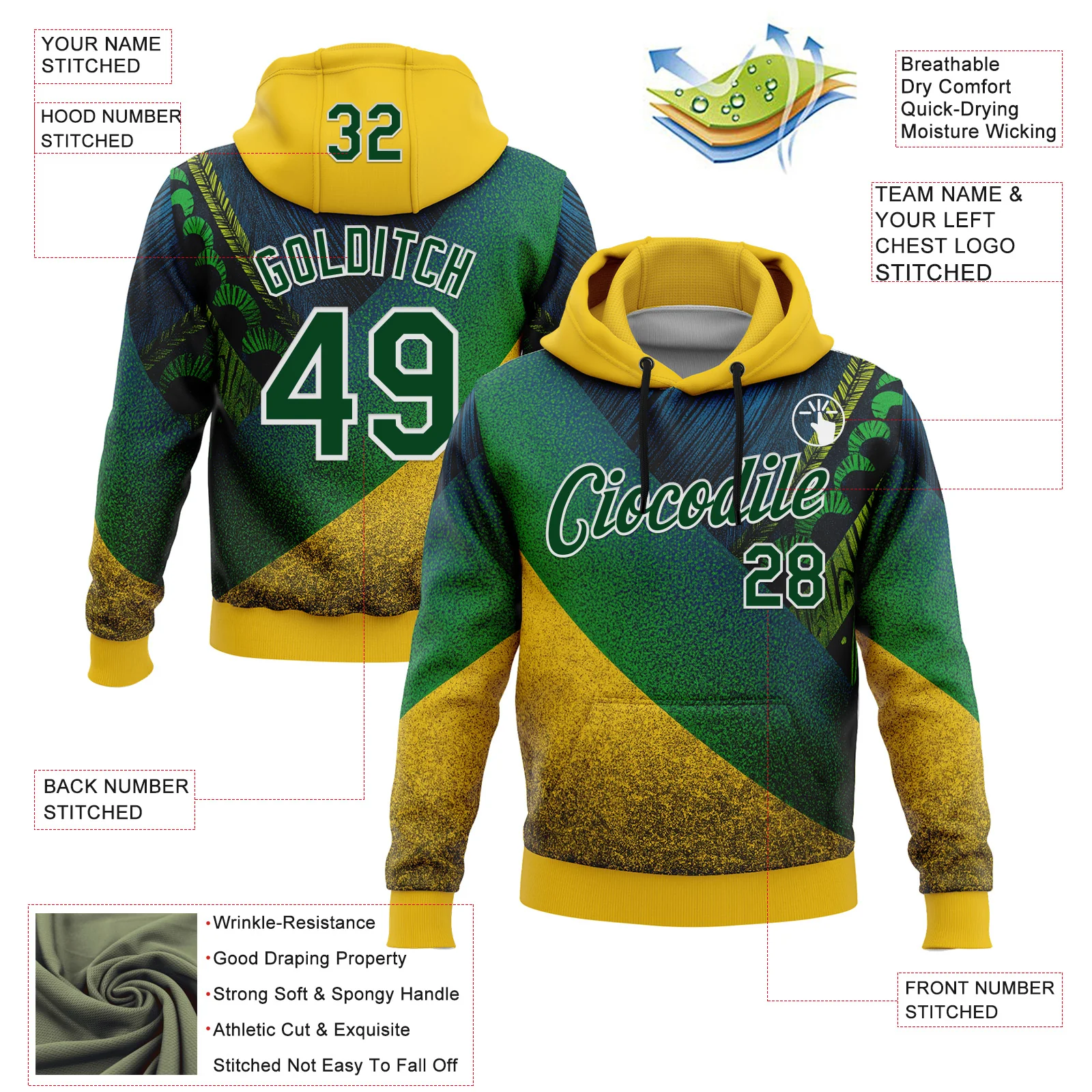 Custom Stitched Yellow Green-White 3D Pattern Design Brazil Inspired Tribal Sportswear Pullover Sweatshirt Hoodie