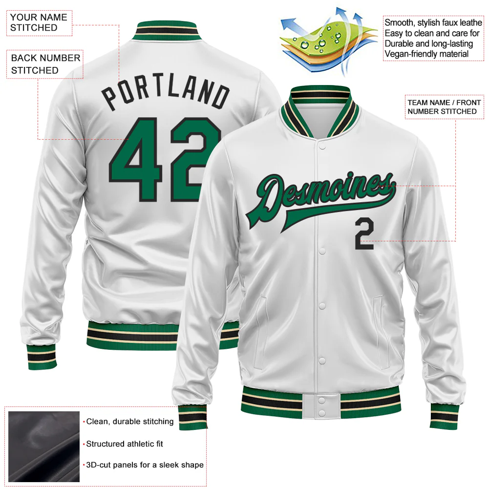 Custom White Kelly Green-Black Bomber Full-Snap Varsity Faux Leather Letterman Jacket