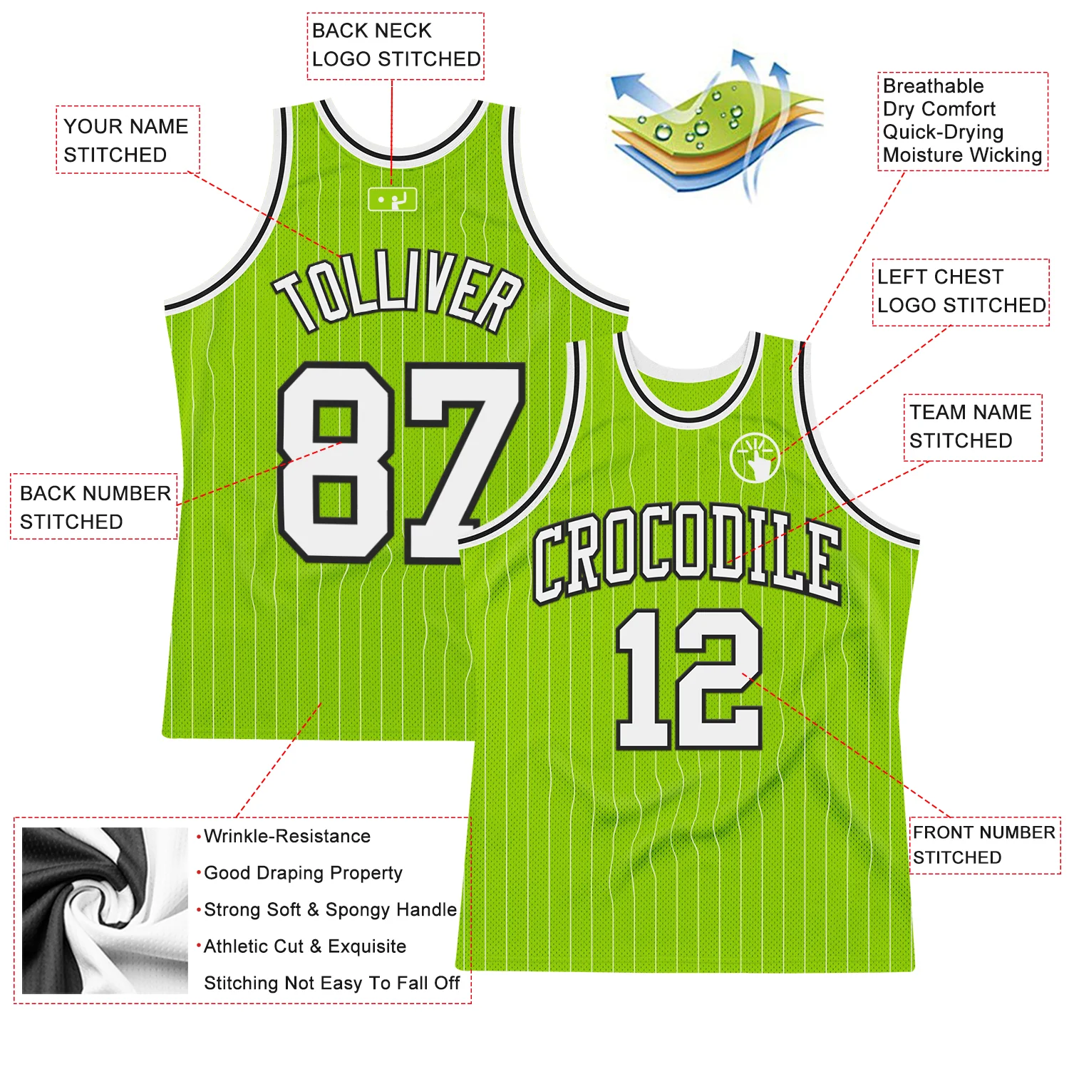 Custom Neon Green White Pinstripe Black Authentic Basketball Jersey