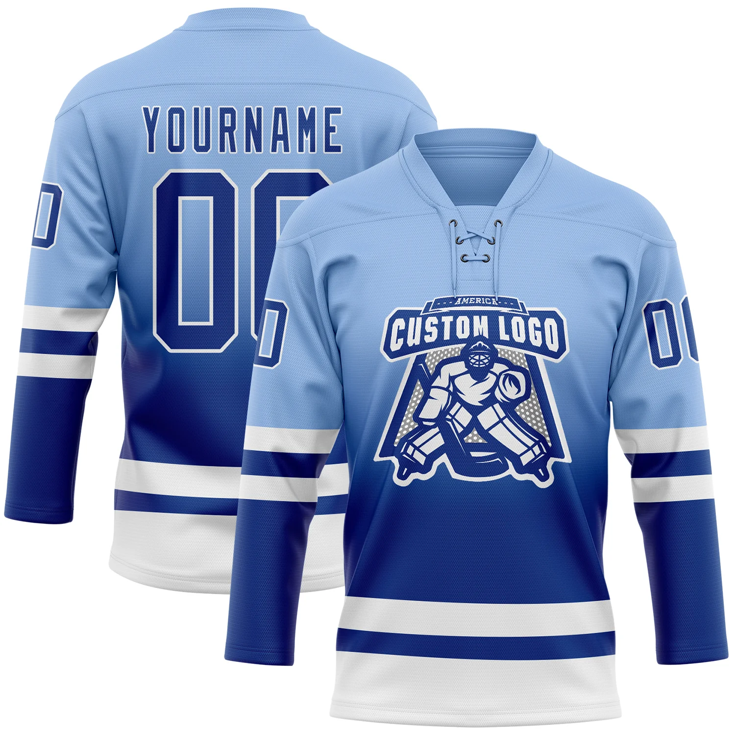 Custom Light Blue Royal-White Fade Fashion Hockey Lace Neck Jersey