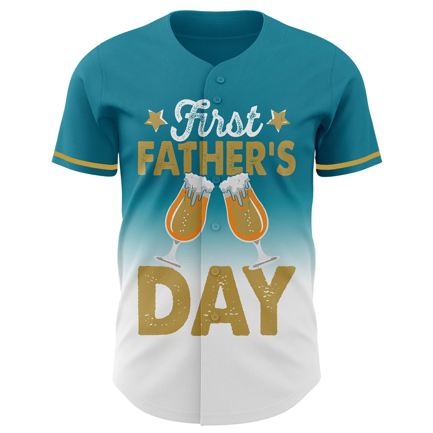 Custom Teal Old Gold-White 3D Pattern Design Father's Day Beer Lover Fade Authentic Baseball Jersey