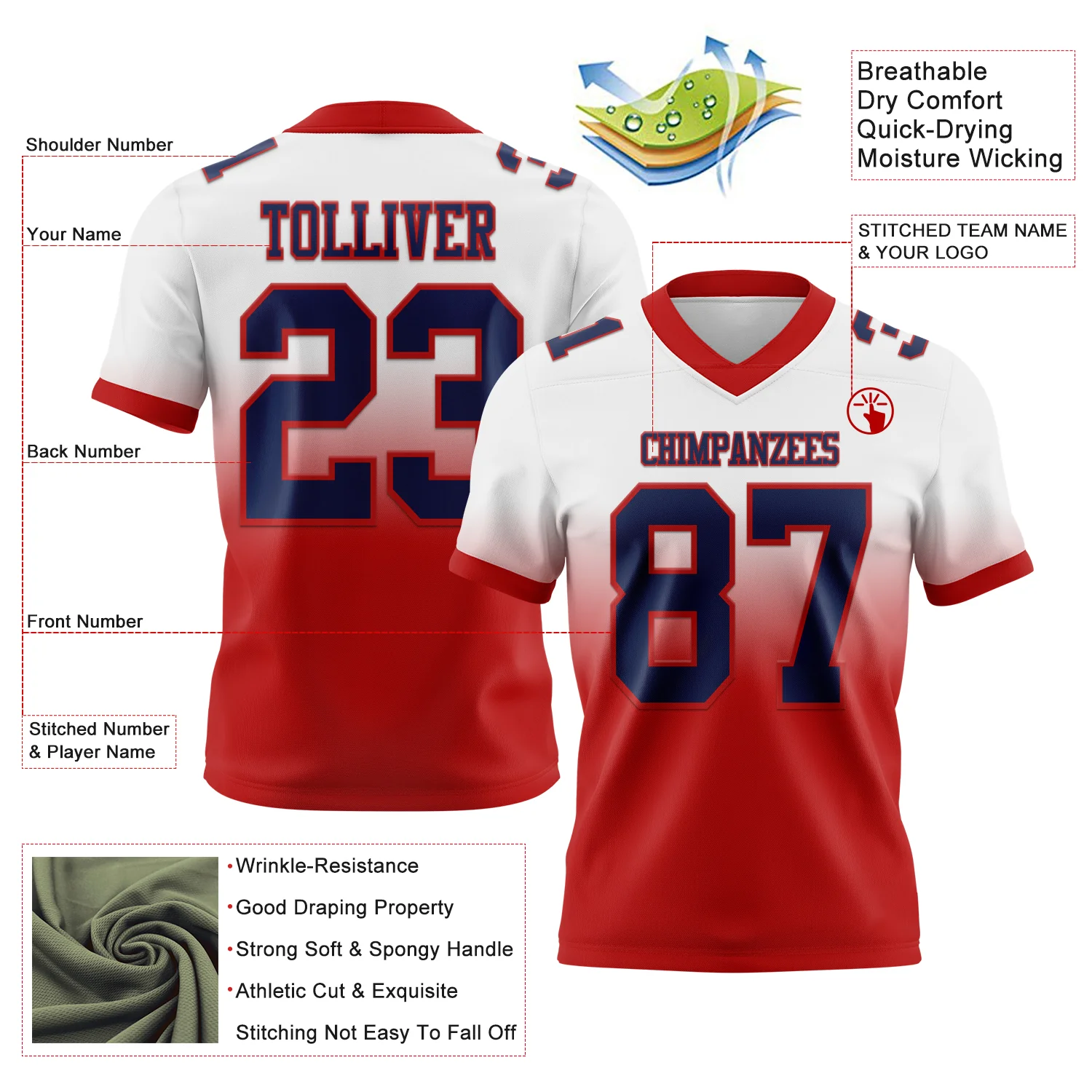 Custom White Navy-Red Authentic Fade Fashion Football Jersey