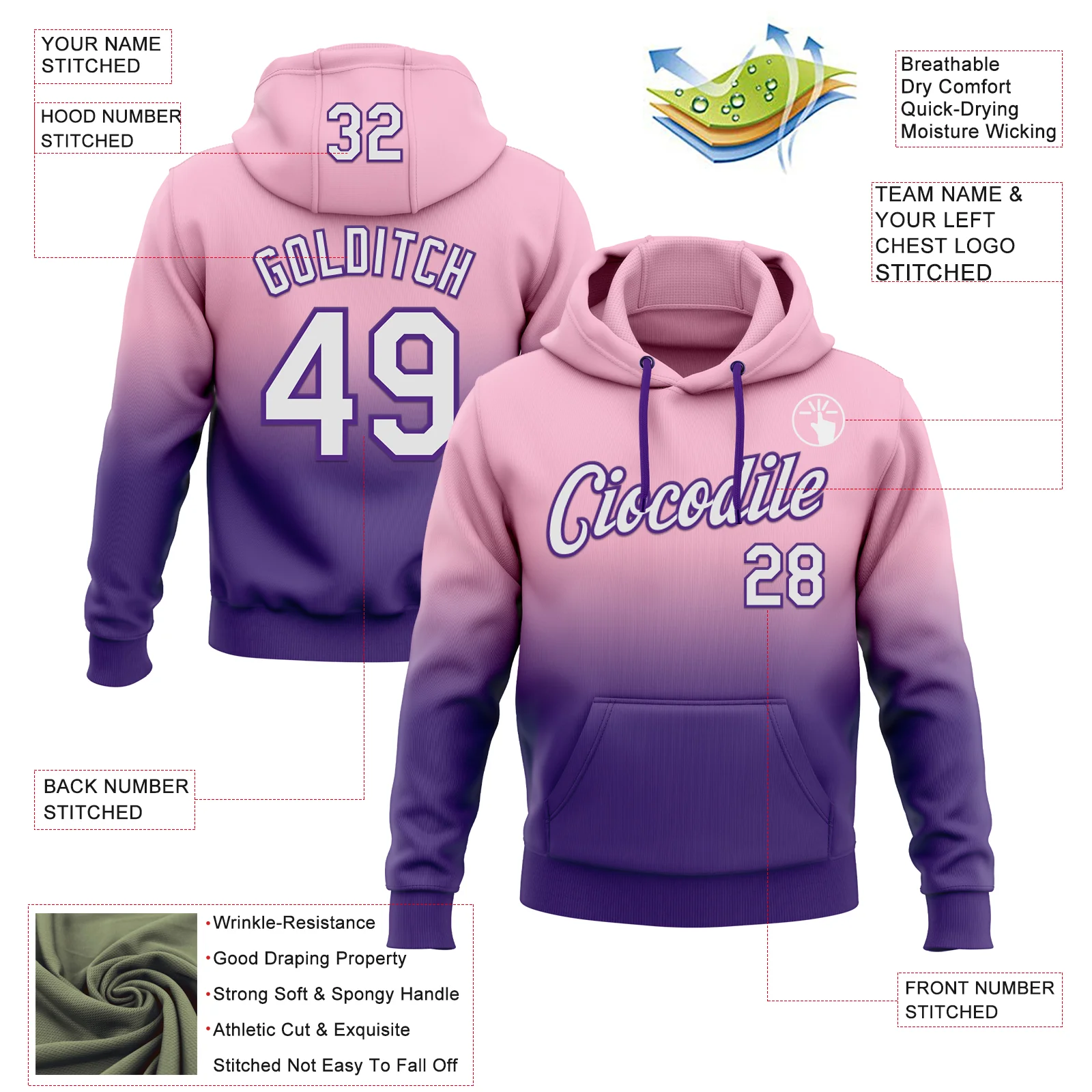 Custom Stitched Light Pink White-Purple Fade Fashion Sports Pullover Sweatshirt Hoodie