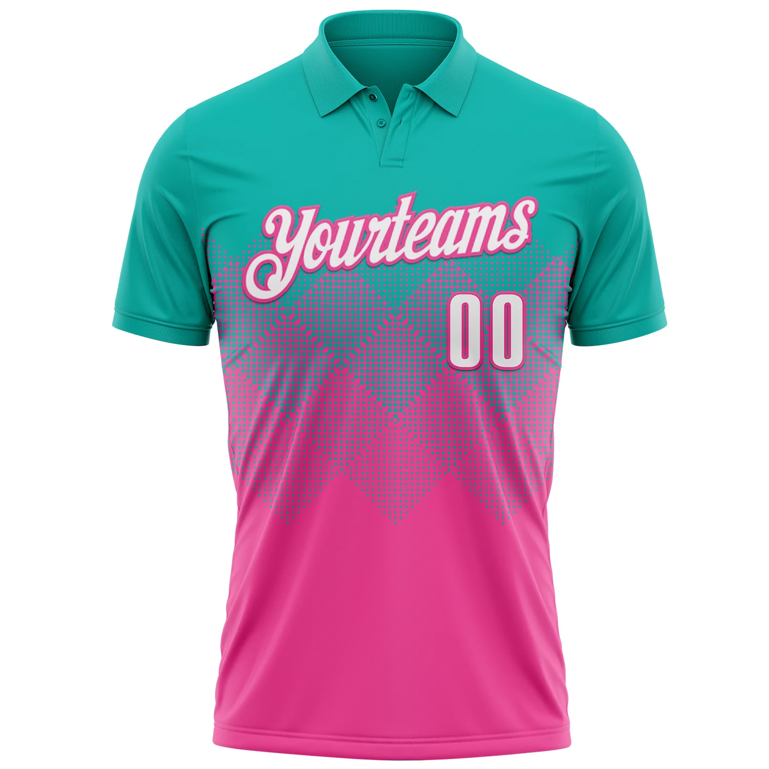 Custom Aqua White-Pink 3D Gradient Square Shape Performance Polo Shirt
