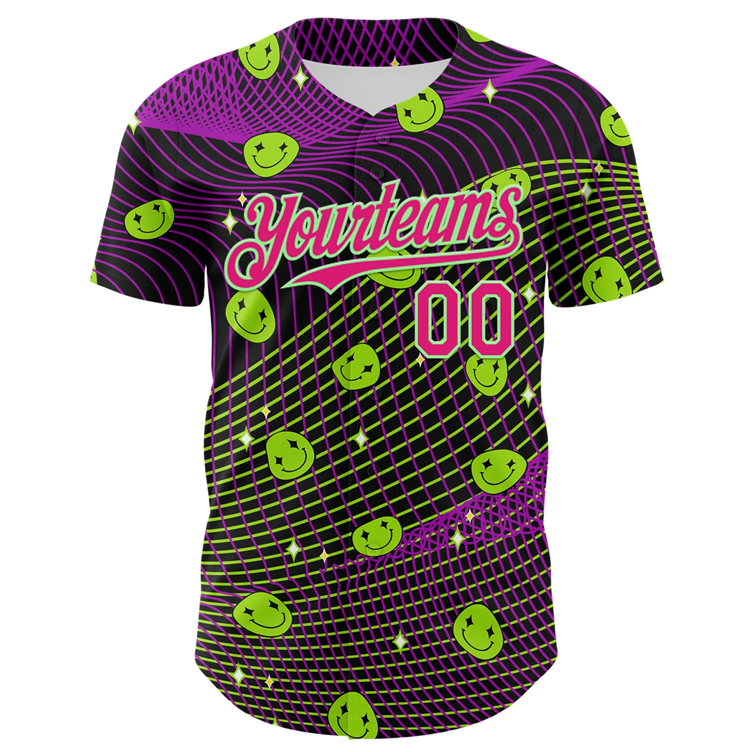 Custom Black Hot Pink-Pea Green 3D Pattern Design Rave Psychedelic Emoji Smile Authentic Baseball Jersey