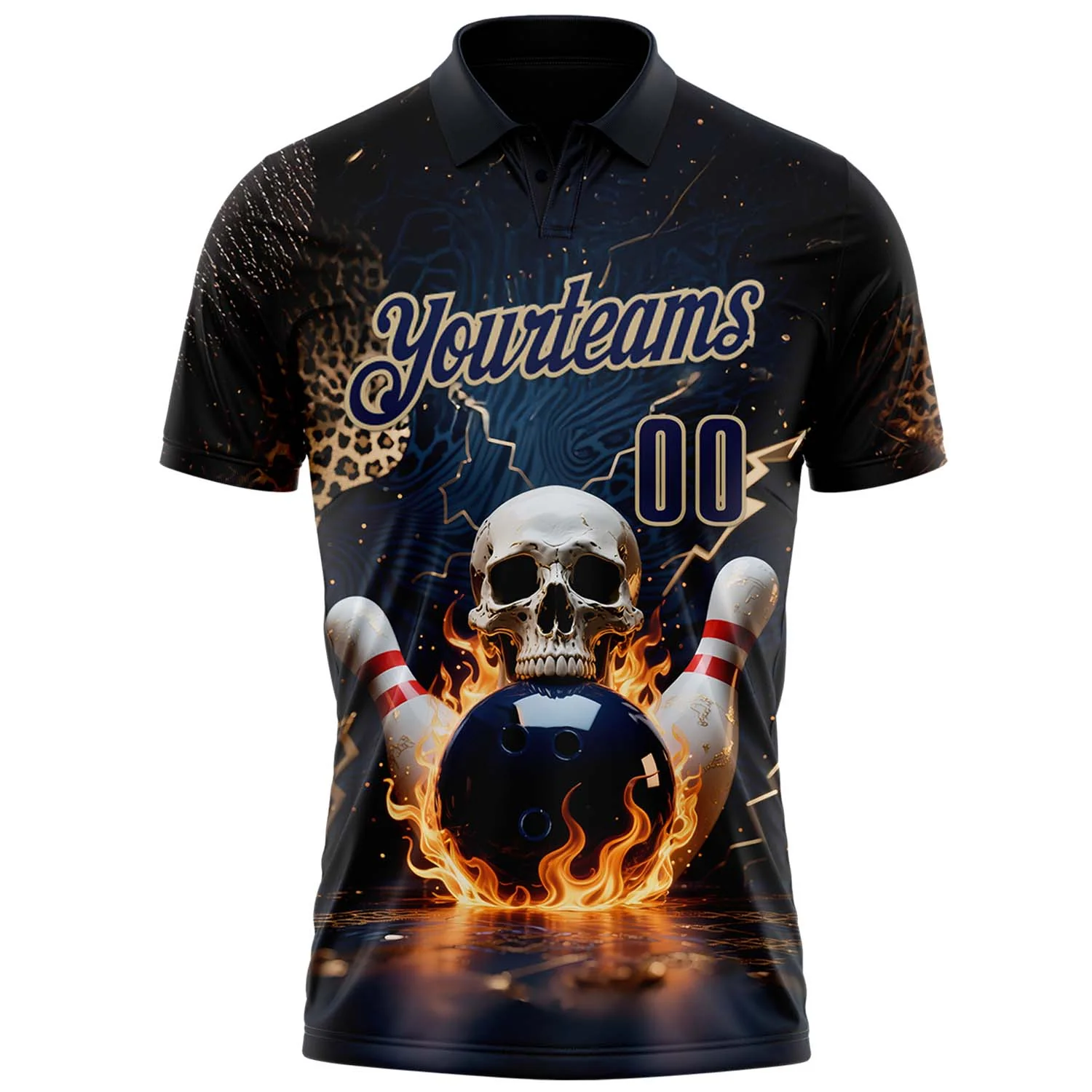 Custom Navy Vegas Gold 3D Flame Leopard Print Skull Bowling Performance Polo Shirt