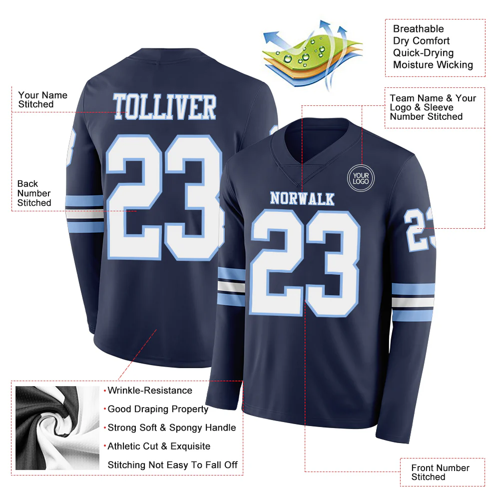Custom Navy White-Light Blue Long Sleeve Authentic Football Jersey