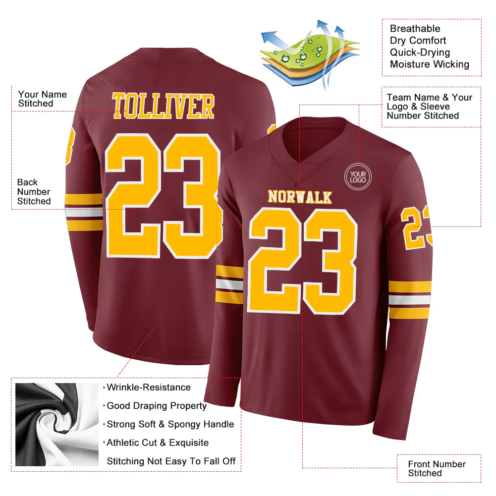 Custom Burgundy Gold-White Long Sleeve Authentic Football Jersey