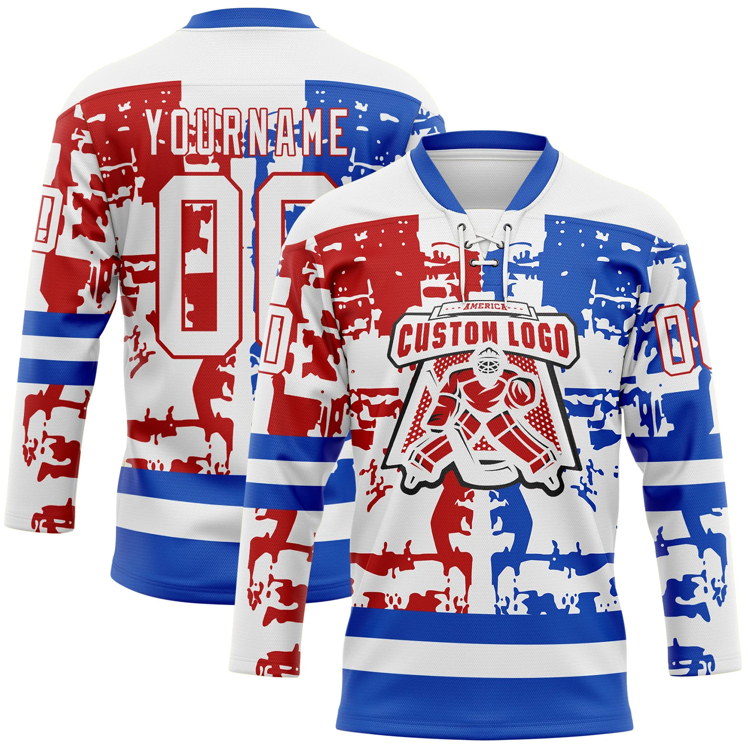 Custom White Thunder Blue-Red 3D Pattern Abstract Splatter Paint Hockey Lace Neck Jersey