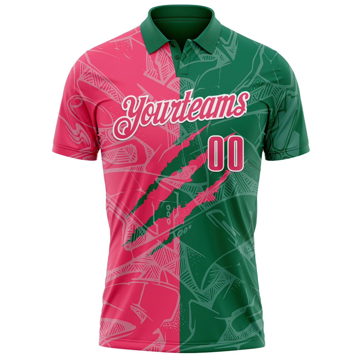 Custom Graffiti Pattern Neon Pink Kelly Green-White 3D Scratch Performance Polo Shirt