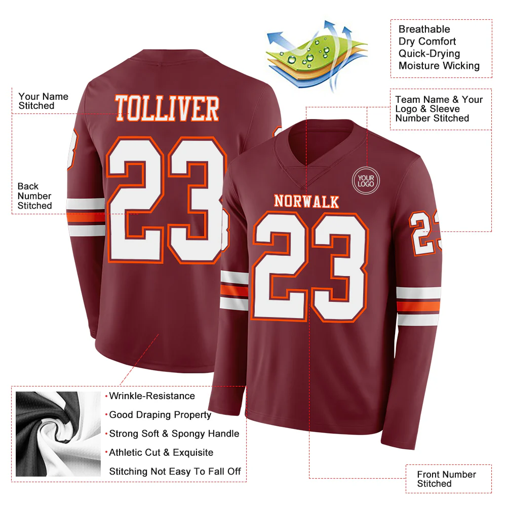 Custom Burgundy White-Orange Long Sleeve Authentic Football Jersey
