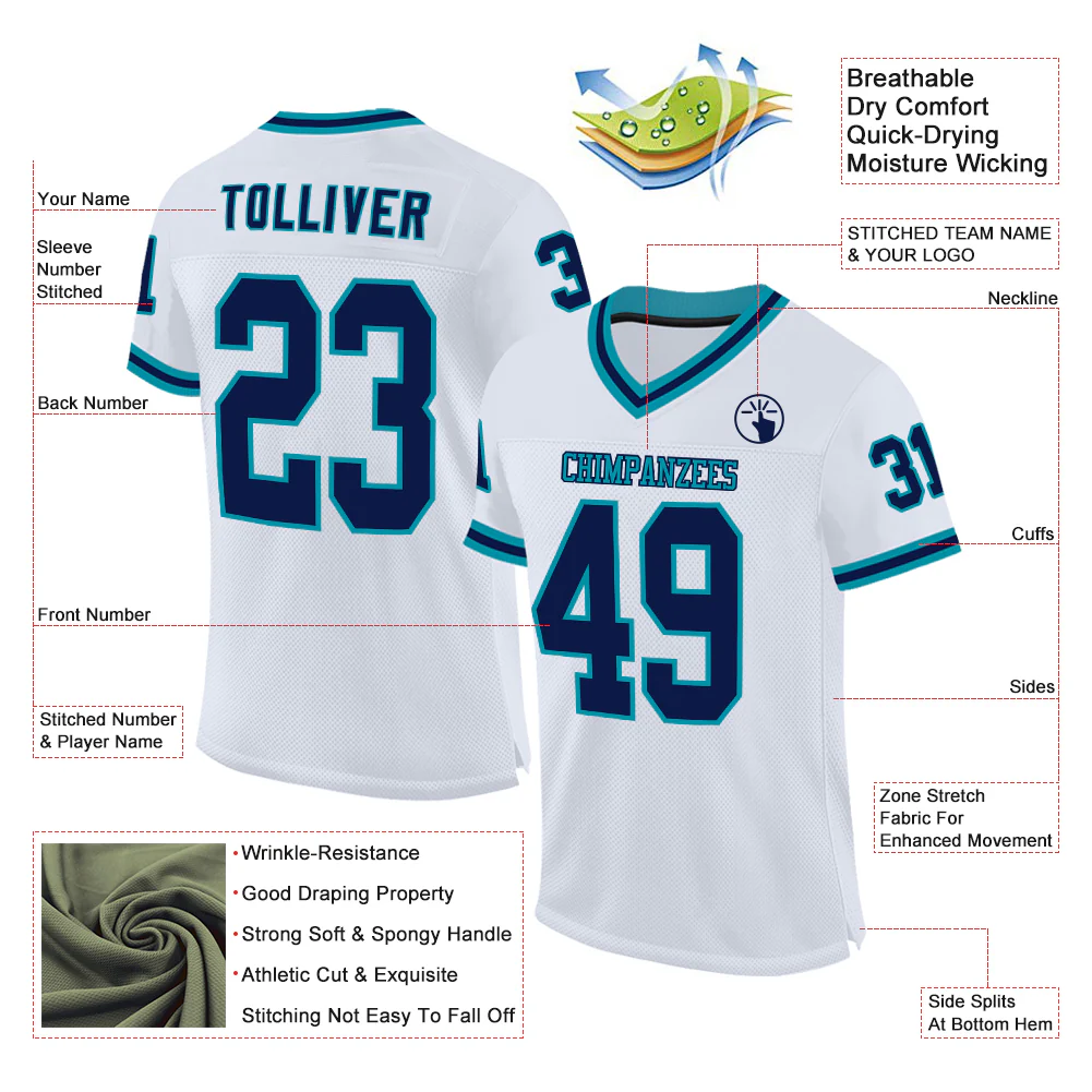 Custom White Navy-Teal Mesh Authentic Throwback Football Jersey