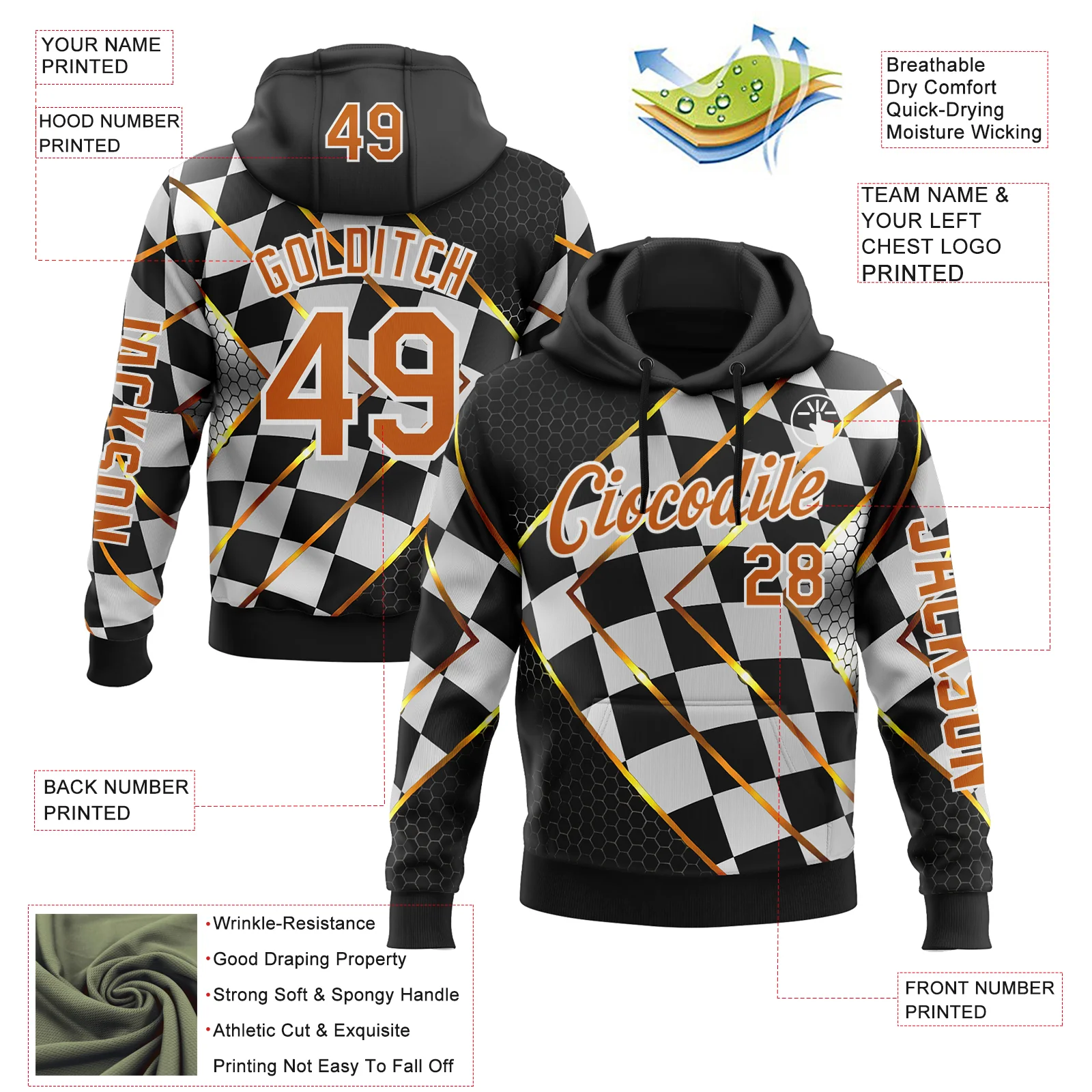 Custom Black Texas Orange Yellow-White 3D Pattern Design Formula Auto Car Racing Motorsport Sports Pullover Sweatshirt Hoodie