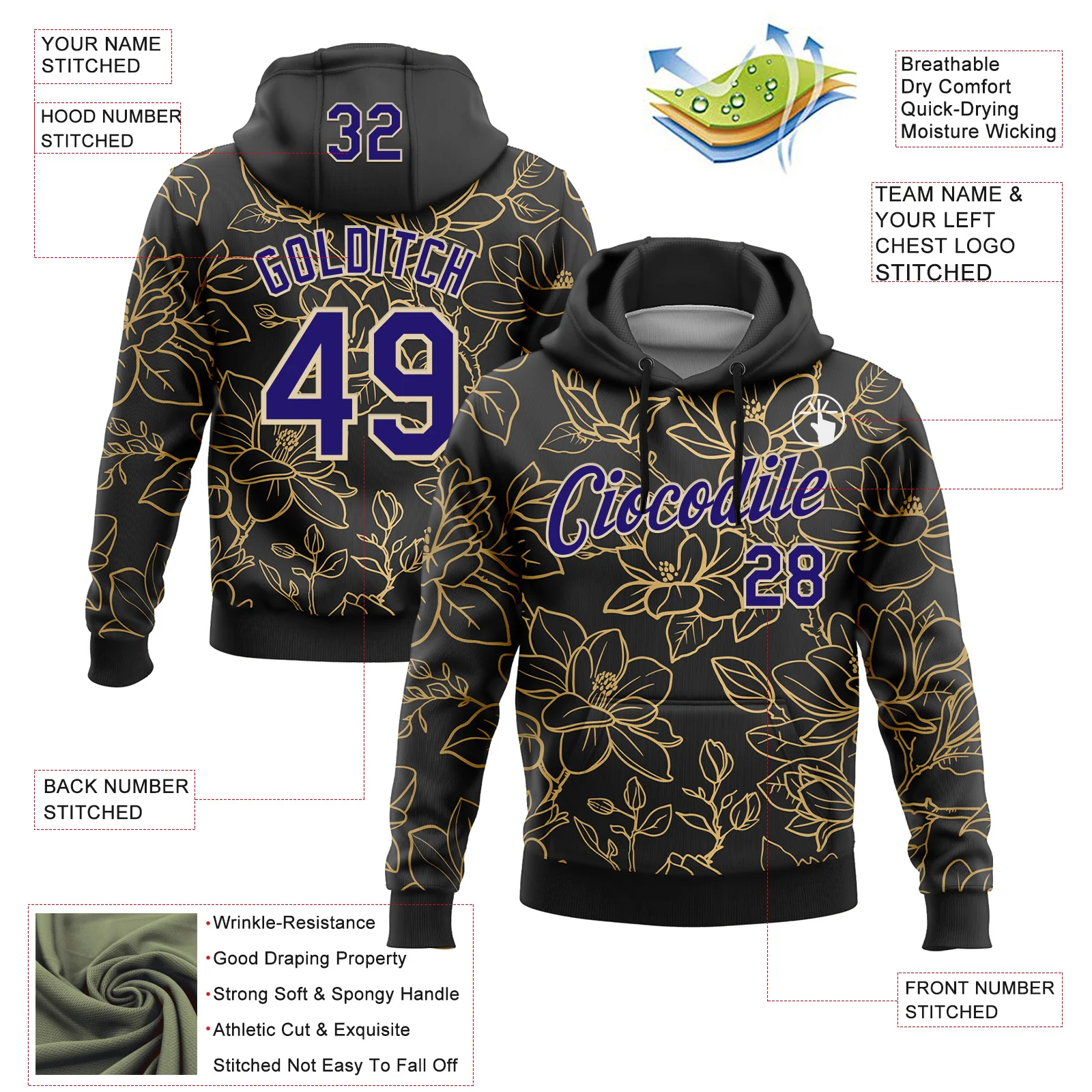 Custom Stitched Black Dark Purple-Cream 3D Pattern Design Golden Subtle Floral Sports Pullover Sweatshirt Hoodie