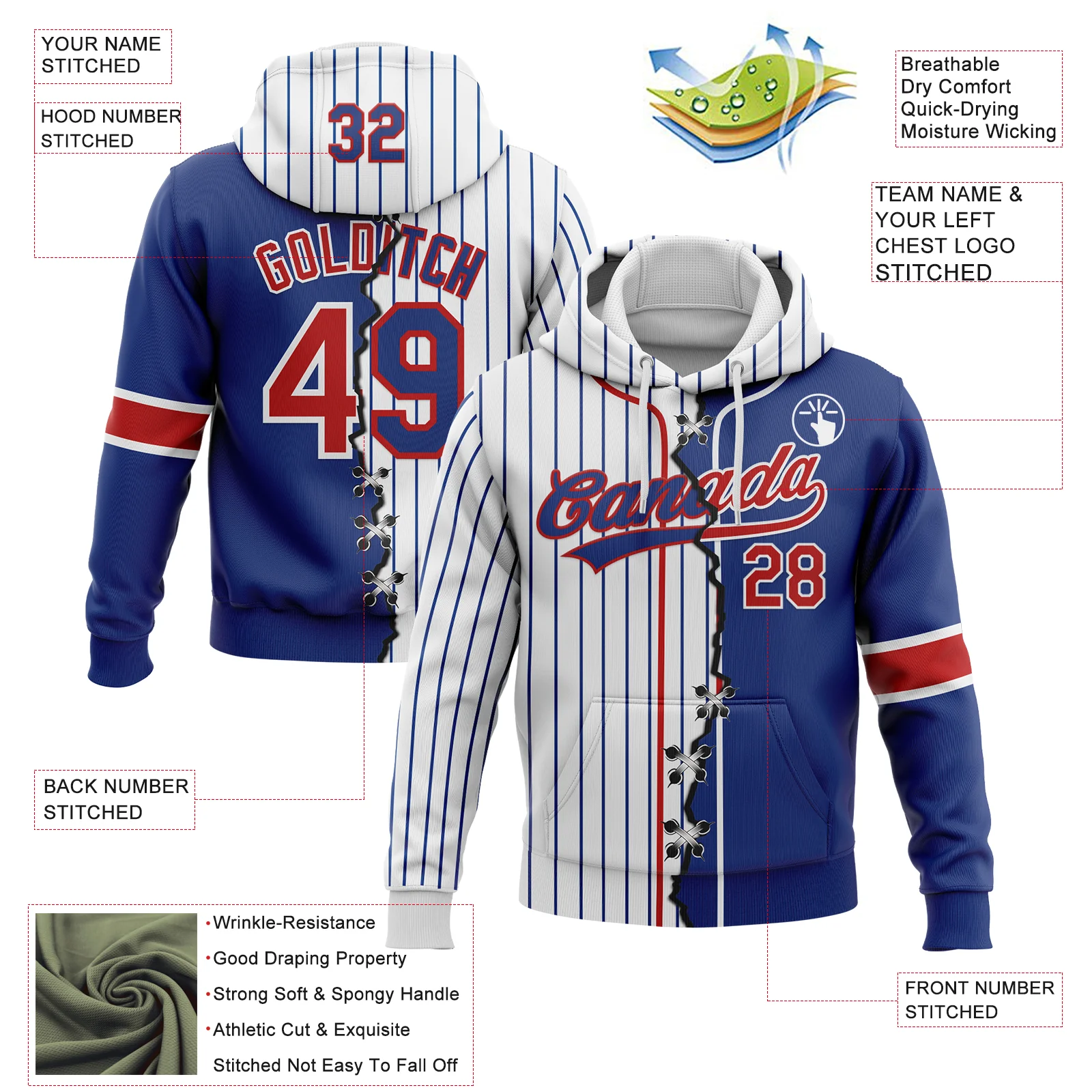 Custom Royal Red-White Pinstripe Split Ripped Pattern Baseball Pullover Sweatshirt Hoodie