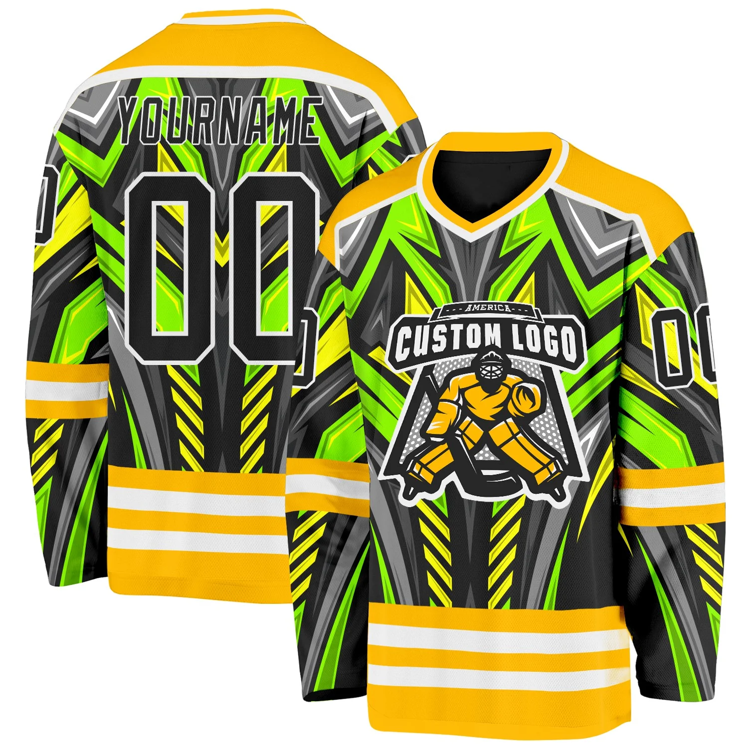 Custom Gold Black Green Gray-White 3D Pattern Cyber Mecha E-sport Hockey Jersey