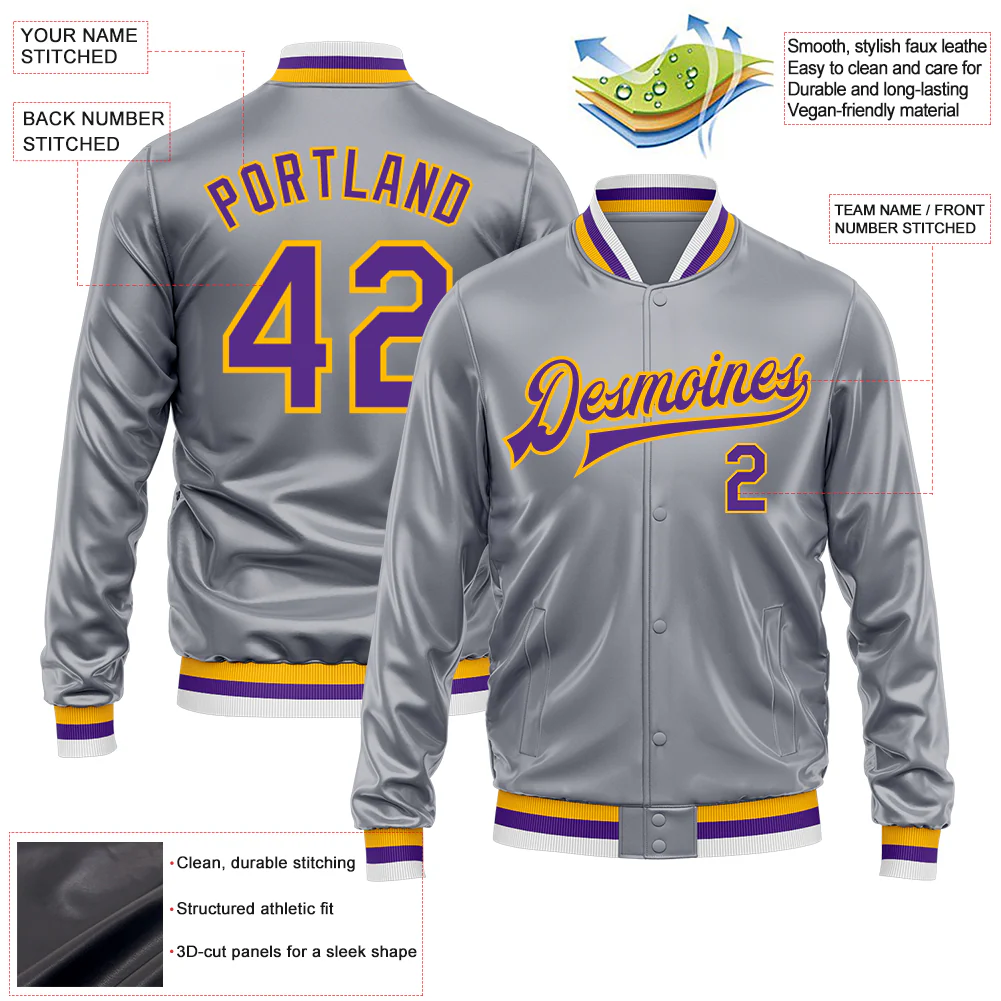 Custom Gray Purple-Gold Bomber Full-Snap Varsity Faux Leather Letterman Jacket