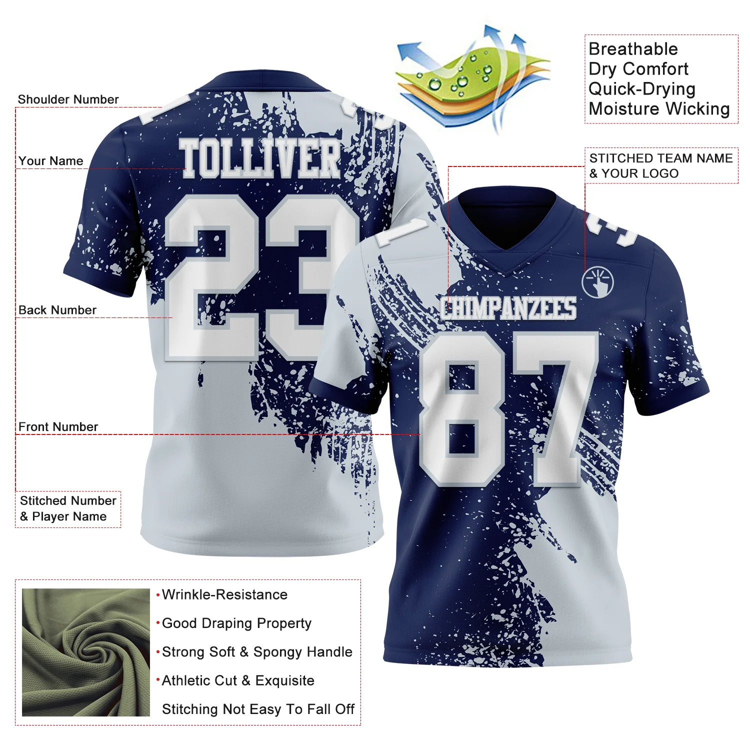 Custom Navy White-Silver 3D Pattern Abstract Brush Stroke Authentic Football Jersey