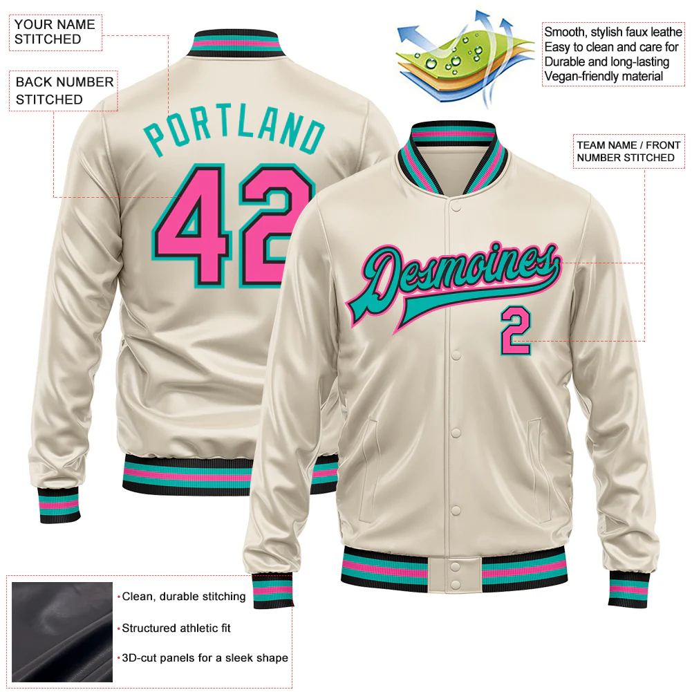 Custom Cream Pink Aqua-Black Bomber Full-Snap Varsity Faux Leather Letterman Jacket