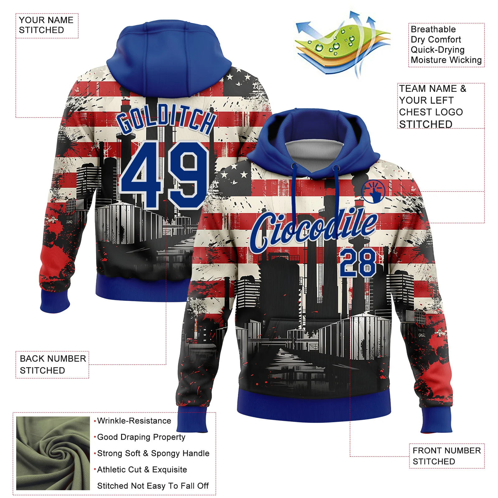 Custom Stitched City Cream Royal Red-White 3D American Flag Retro Distressed Grunge Sports Pullover Sweatshirt Hoodie