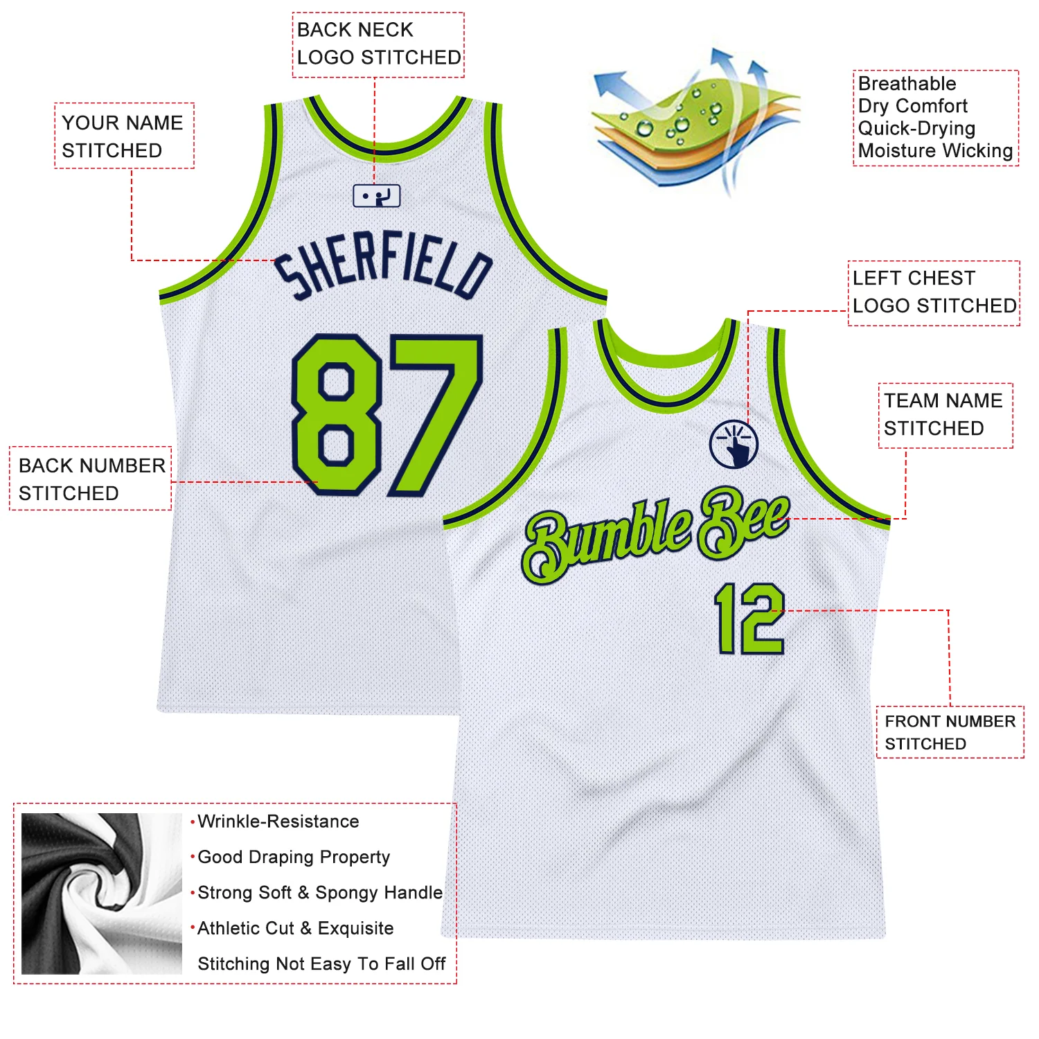 Custom White Neon Green-Navy Authentic Throwback Basketball Jersey