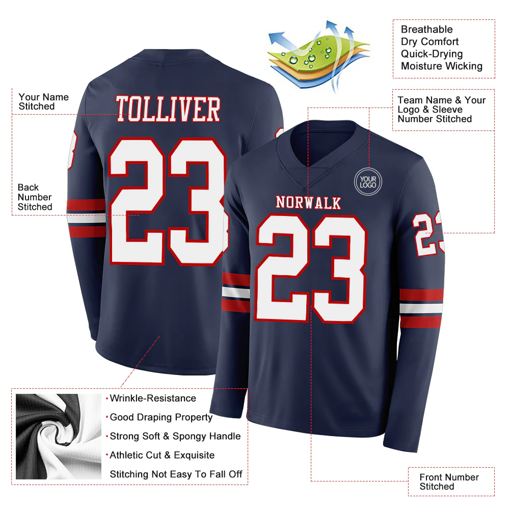 Custom Navy White-Red Long Sleeve Authentic Football Jersey