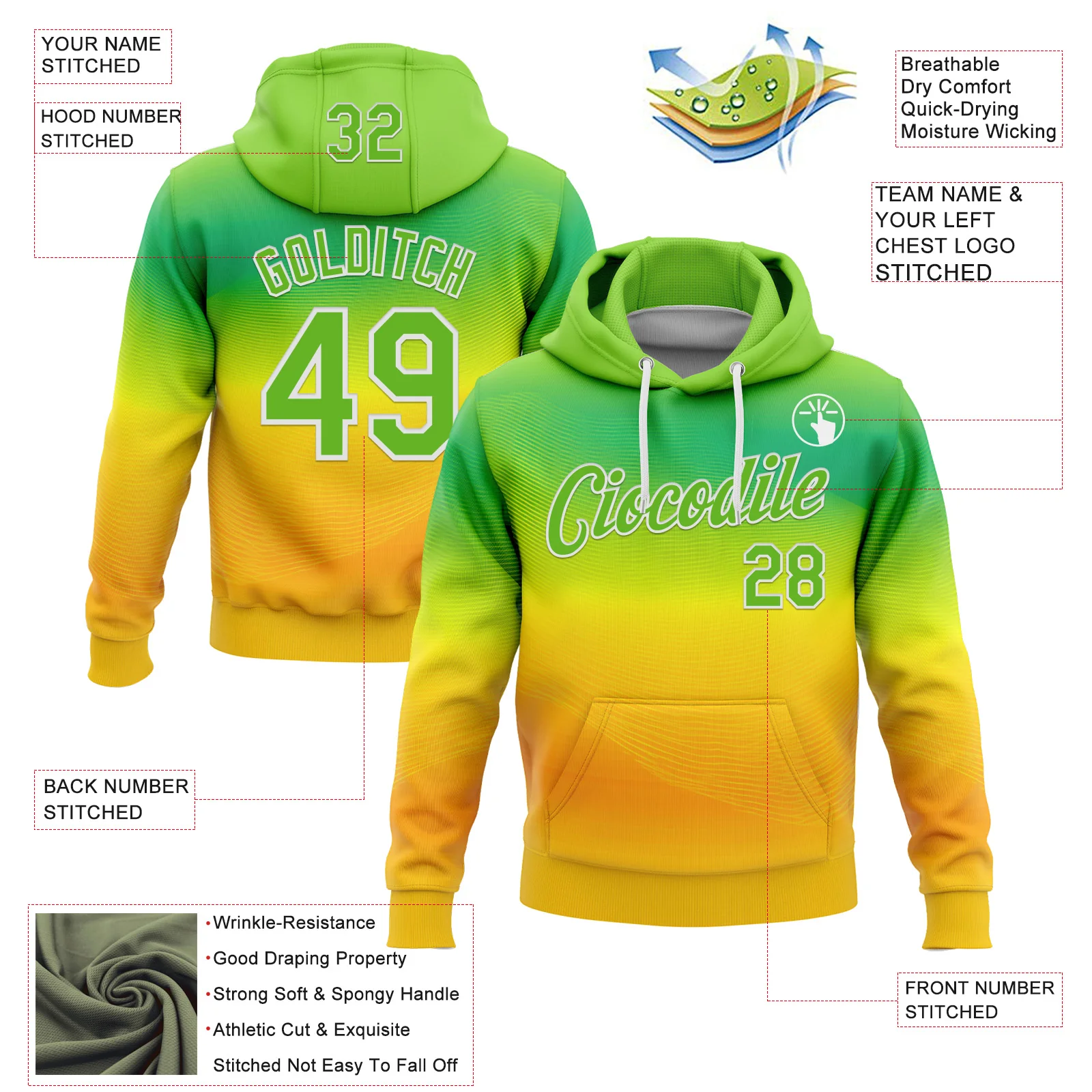 Custom Stitched Green Aurora Green Yellow-White 3D Pattern Design Brazil Inspired Gradien Line Sportswear Pullover Sweatshirt Hoodie