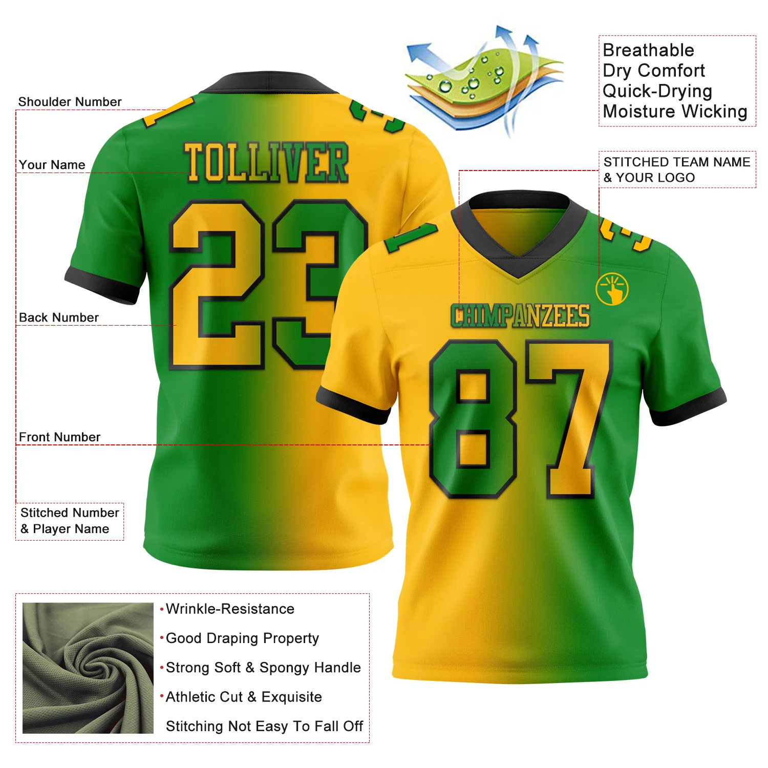 Custom Grass Green Gold-Black Authentic Gradient Fashion Football Jersey