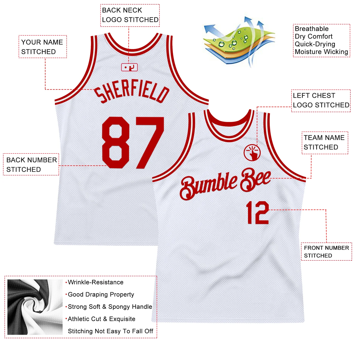 Custom White Red Authentic Throwback Basketball Jersey