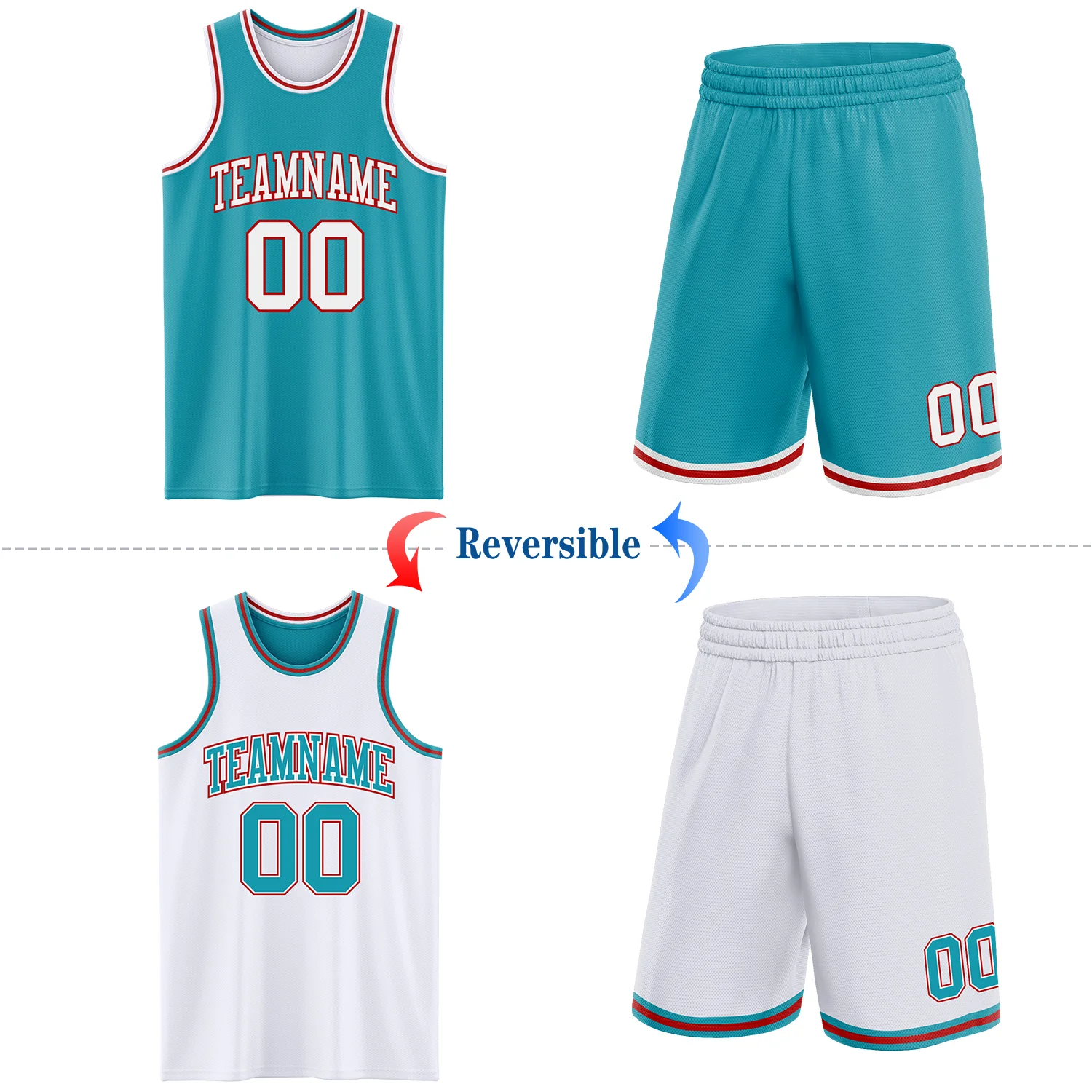 Custom Reversible Teal White-Red Double Side Sublimation Basketball Suit Jersey