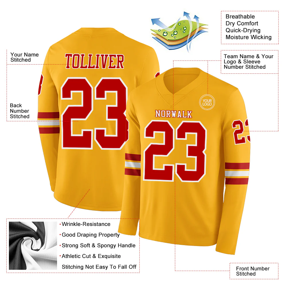 Custom Gold Red-White Long Sleeve Authentic Football Jersey