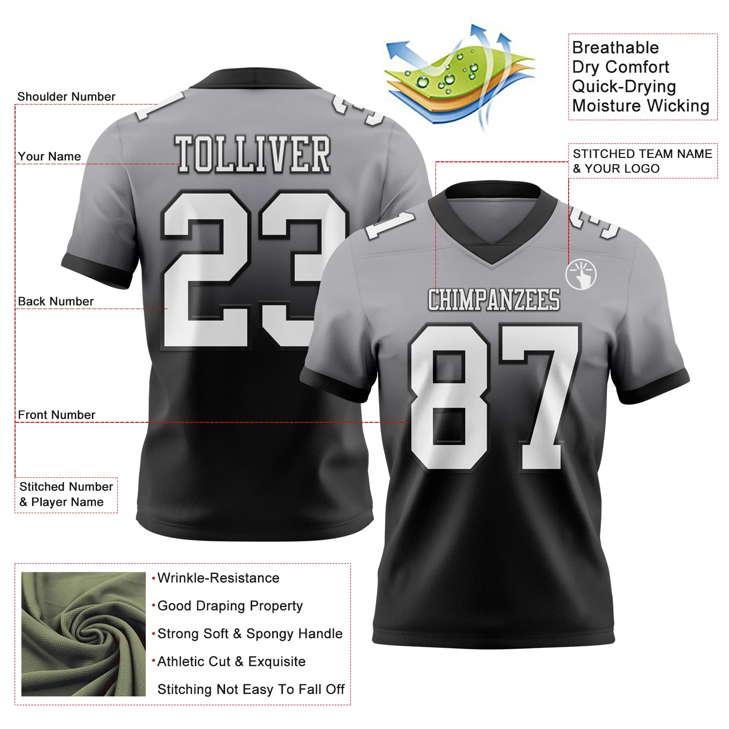 Custom Gray White-Black Authentic Fade Fashion Football Jersey