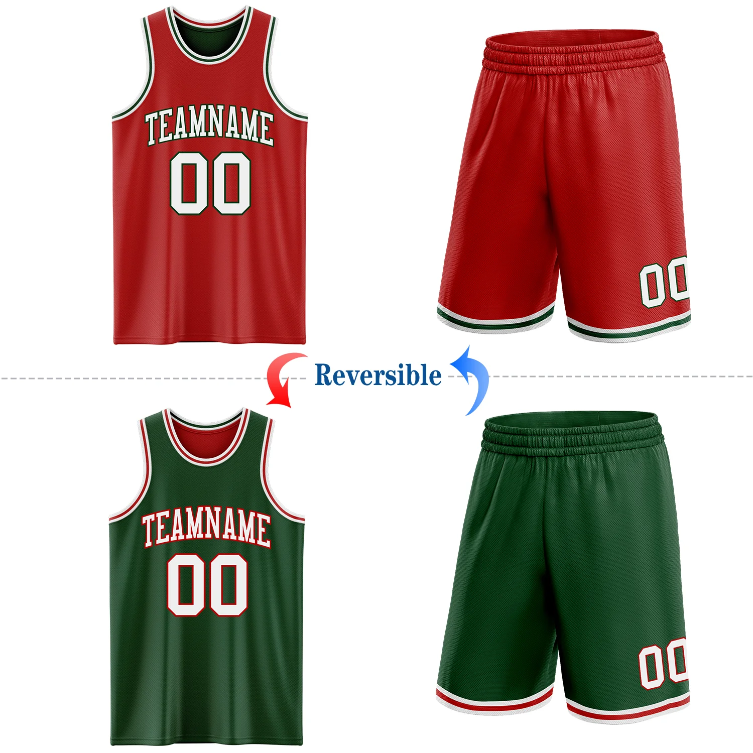 Custom Red White-Green Reversible Double Side Sublimation Basketball Suit Jersey