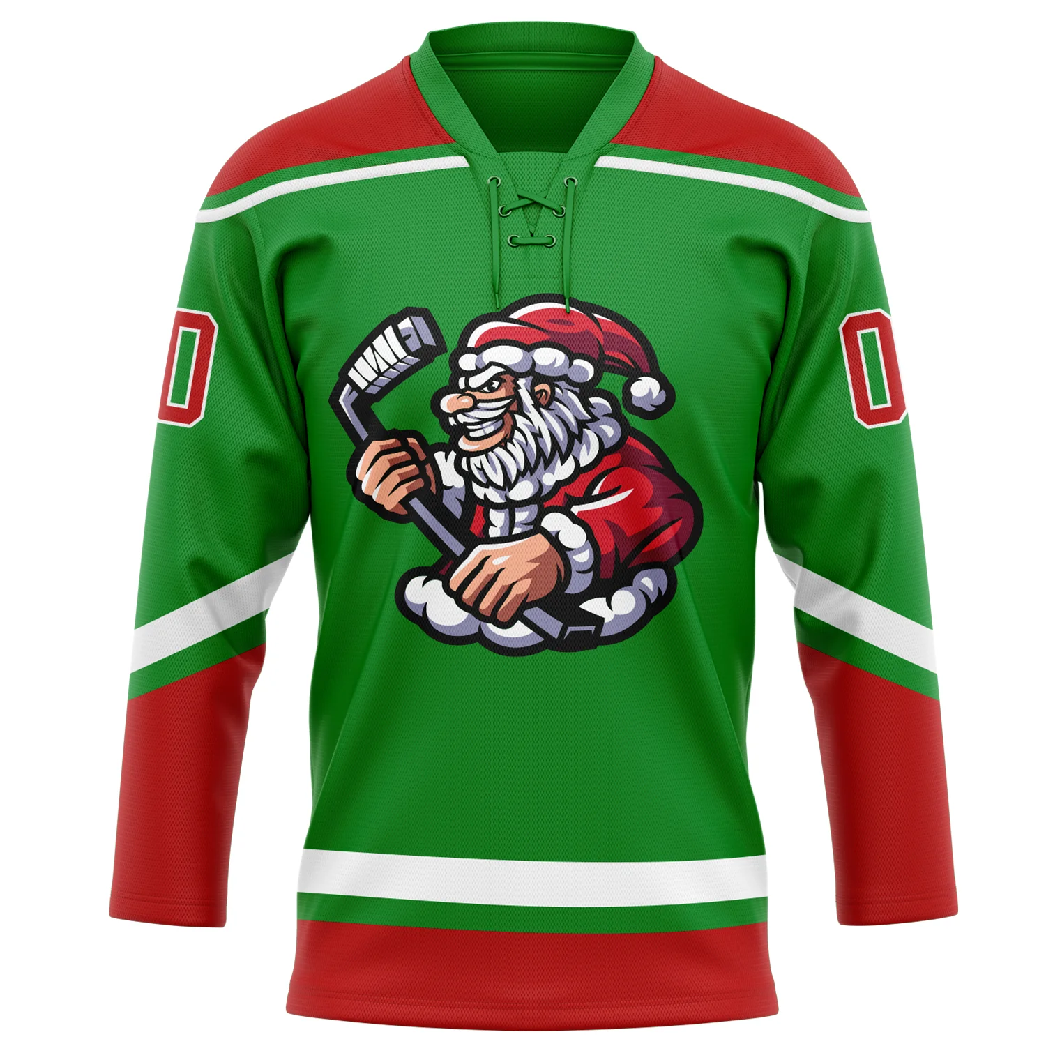 Custom Grass Green Red-White Christmas Santa Claus 3D Hockey Lace Neck Jersey