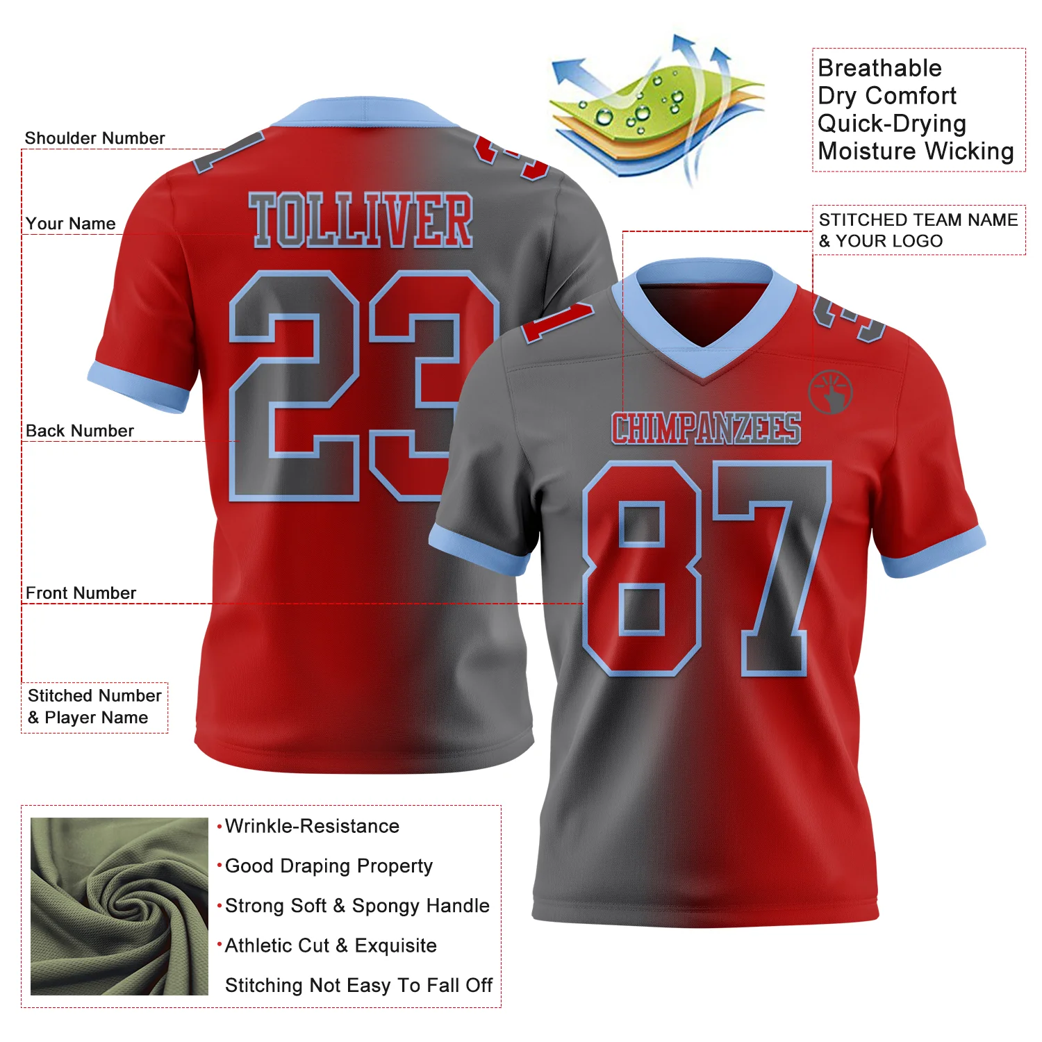 Custom Red Steel Gray-Light Blue Authentic Gradient Fashion Football Jersey