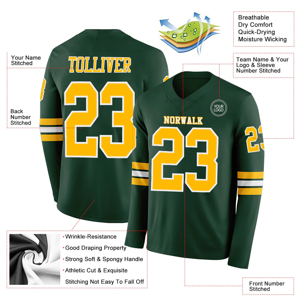 Custom Green Gold-White Long Sleeve Authentic Football Jersey