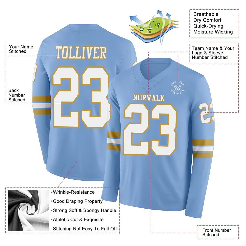 Custom Light Blue White-Old Gold Long Sleeve Authentic Football Jersey