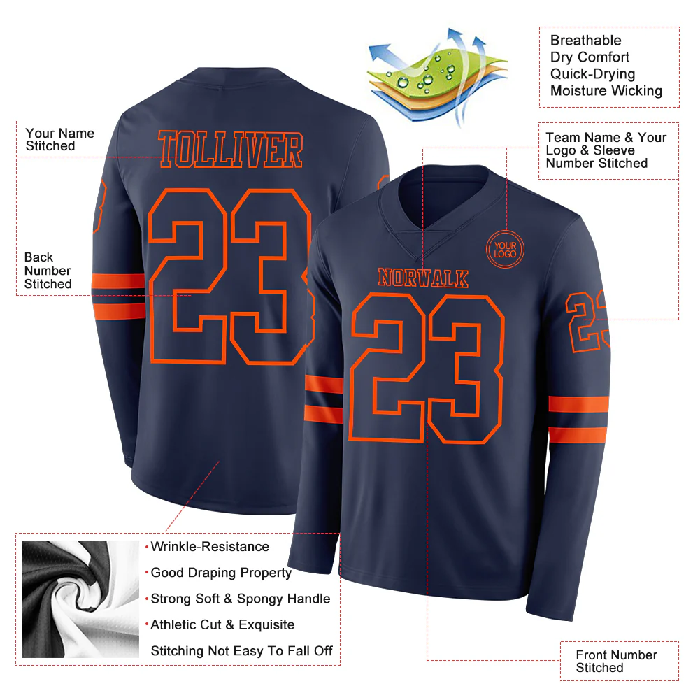 Custom Navy Orange Long Sleeve Authentic Football Jersey